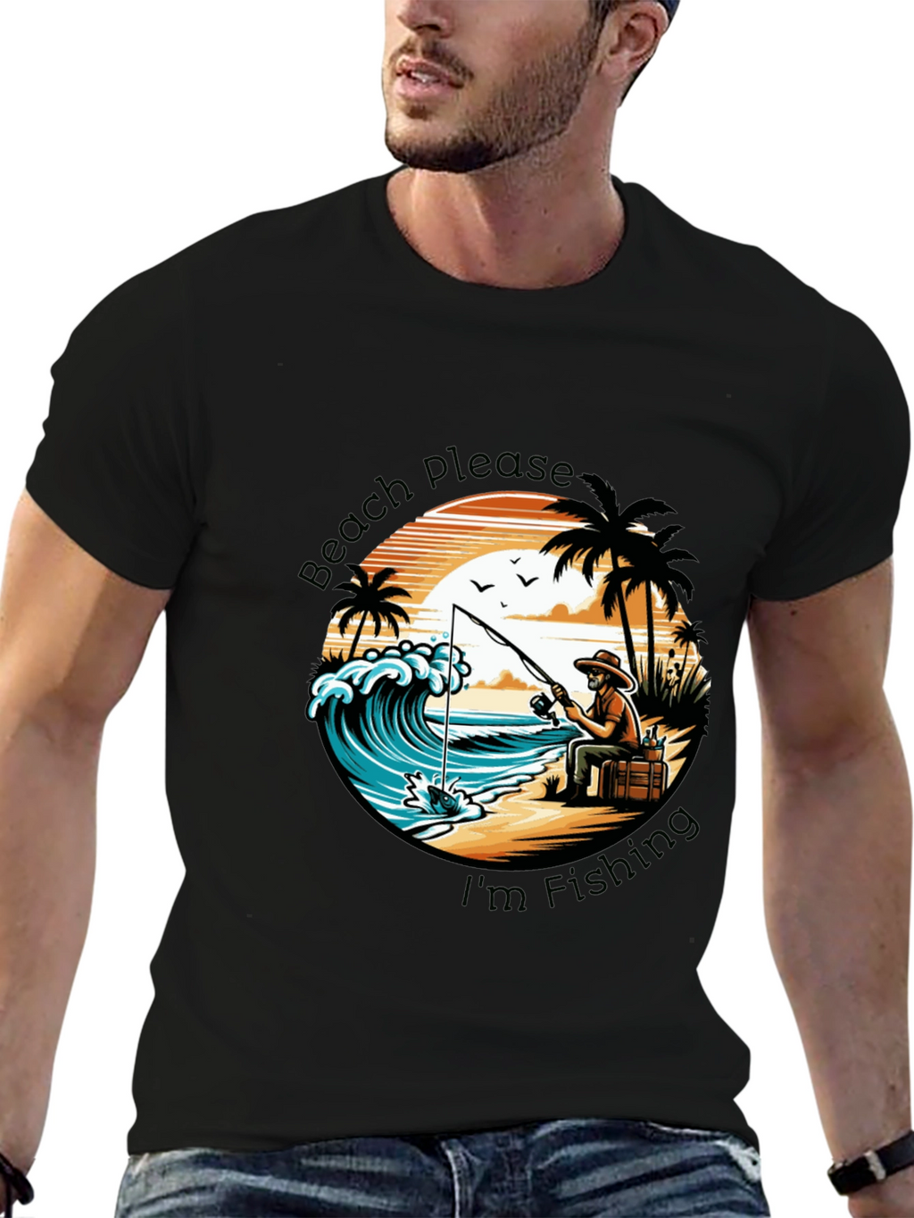 Beach Please Im Fishing Black T-Shirt
