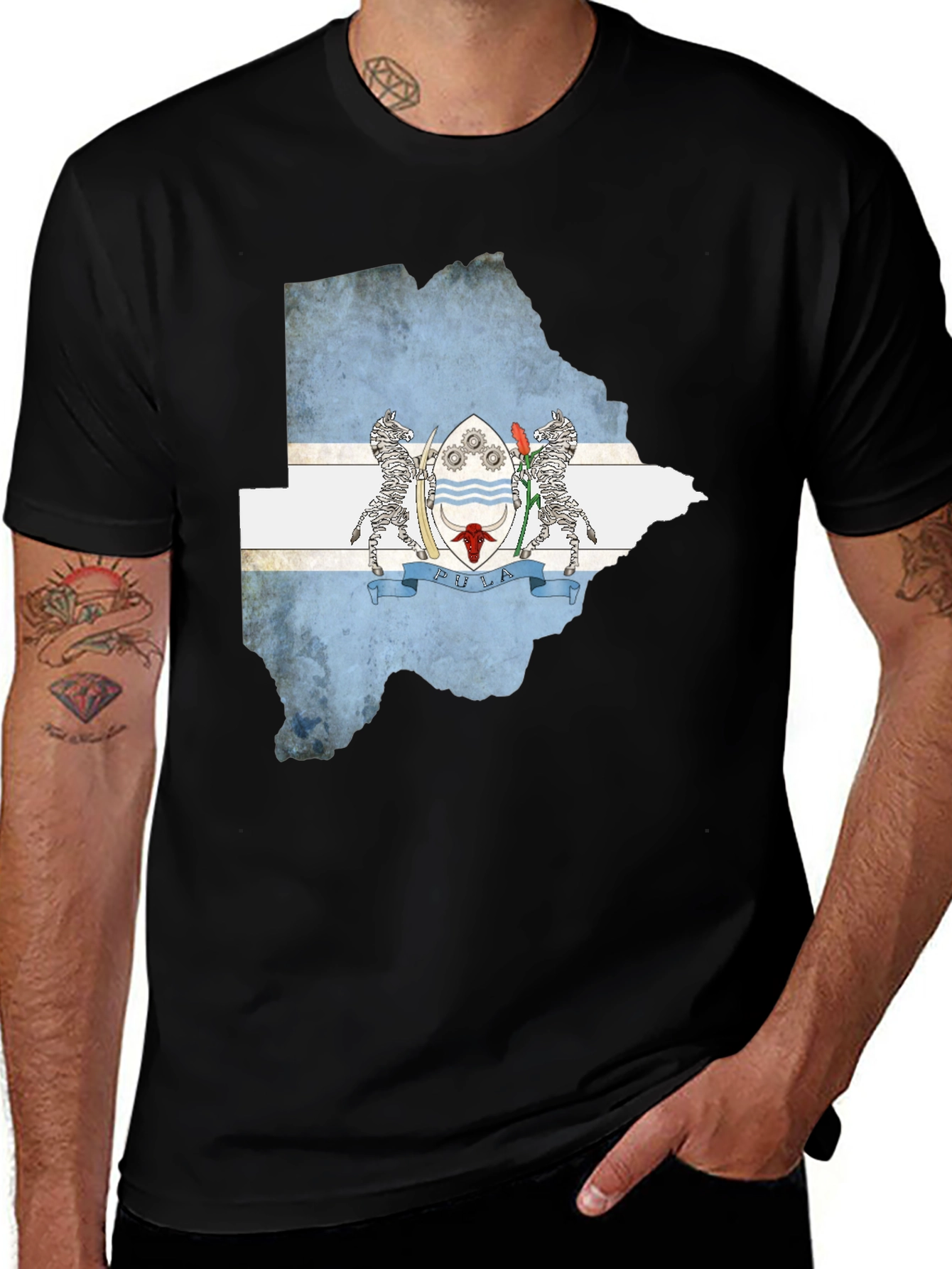 Botswana Flag Map Black T-Shirt