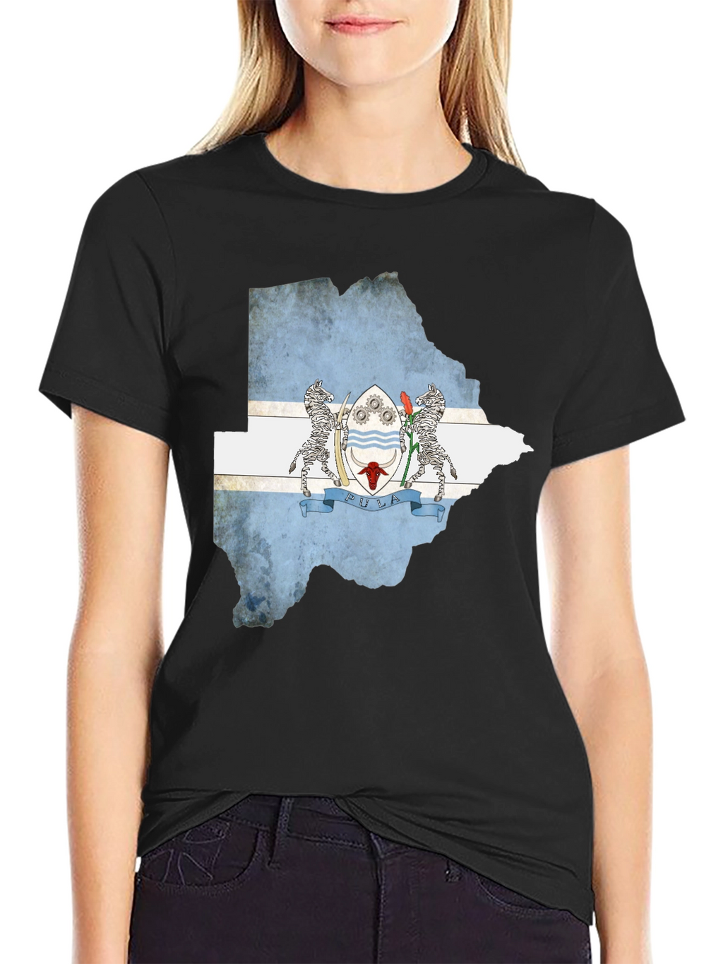 Botswana Flag Map Black T-Shirt