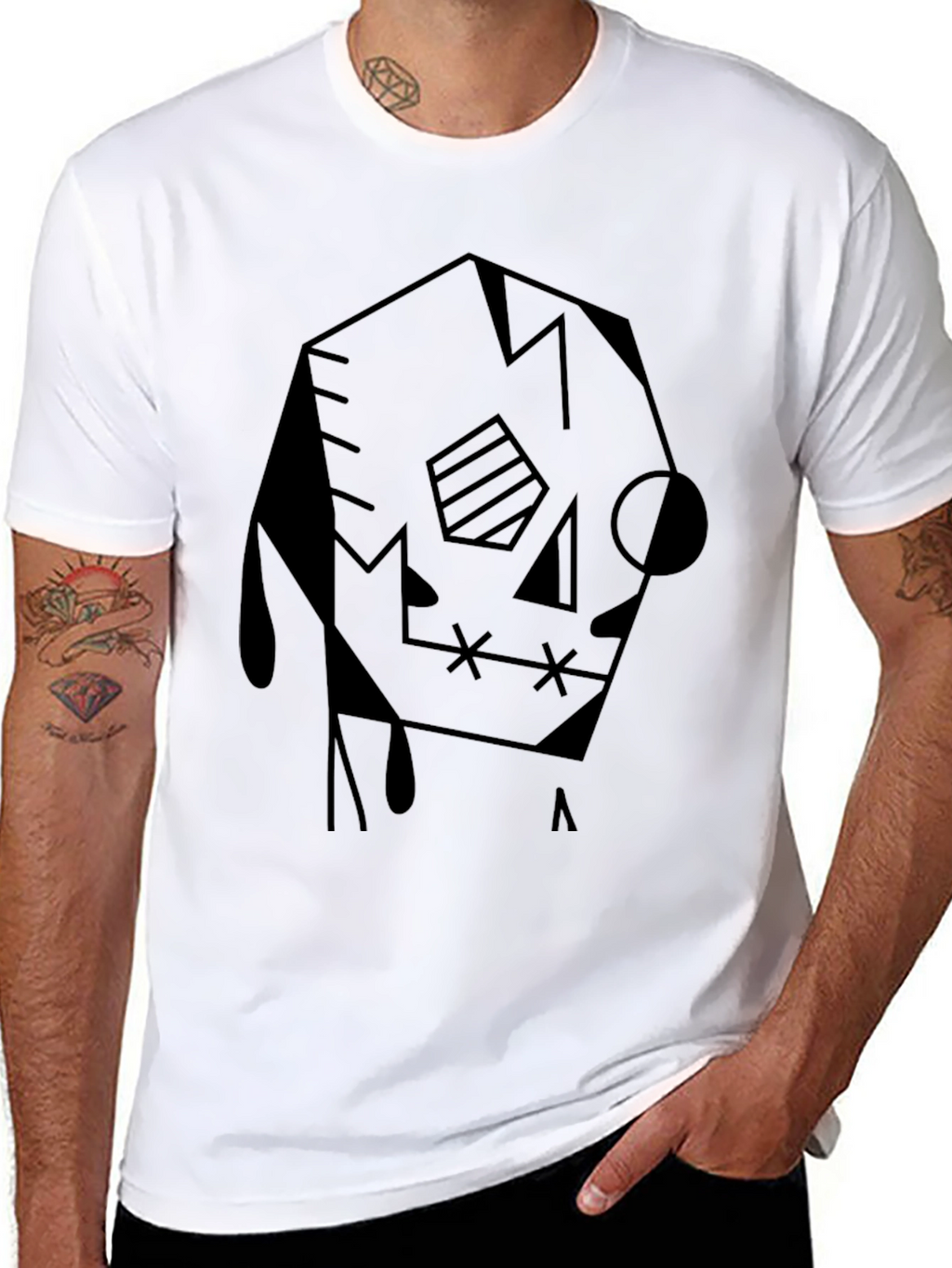 Abstract Geometric Skull Graphic Tee - Black