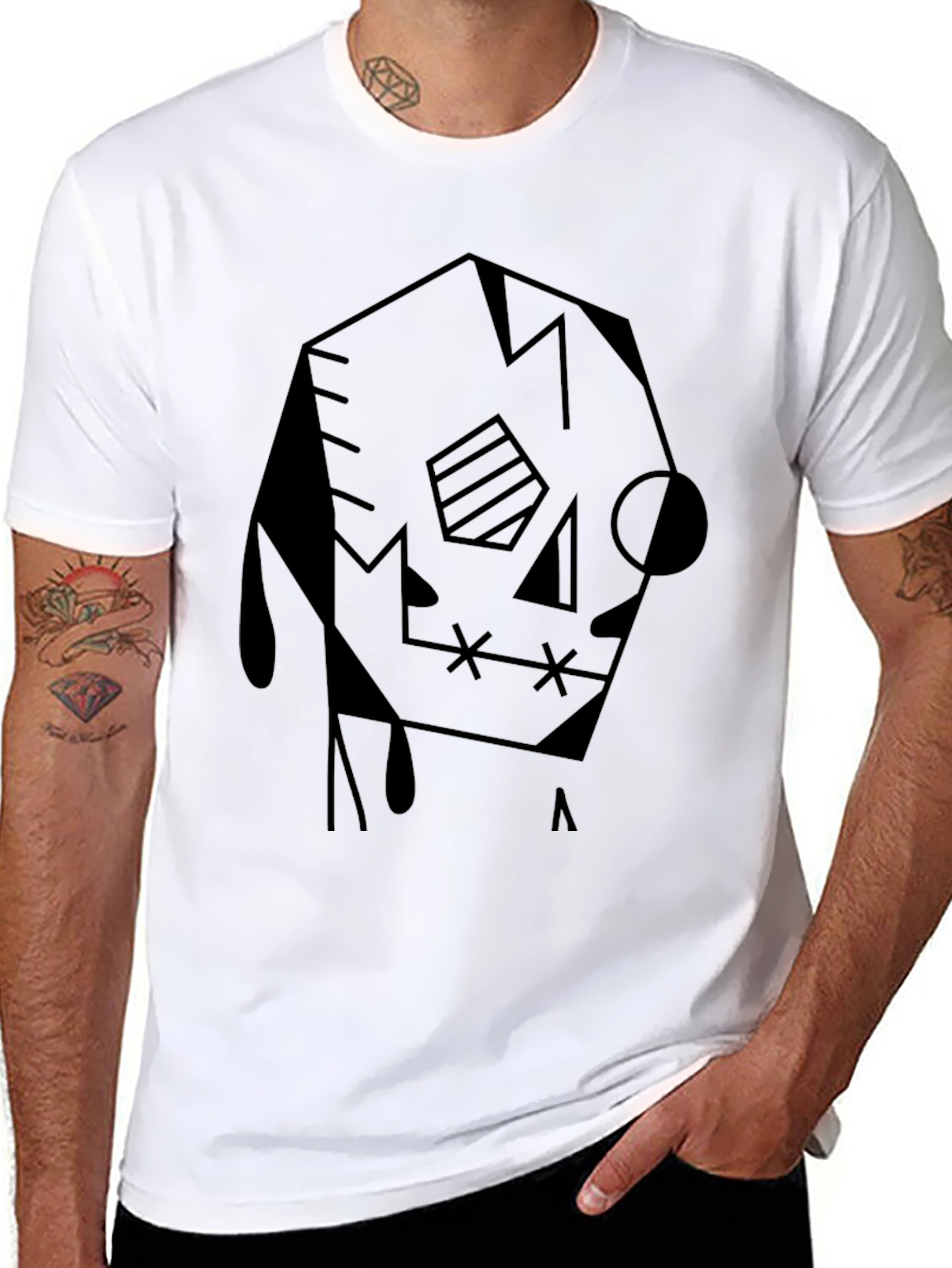 Abstract Geometric Skull Graphic Tee - Black