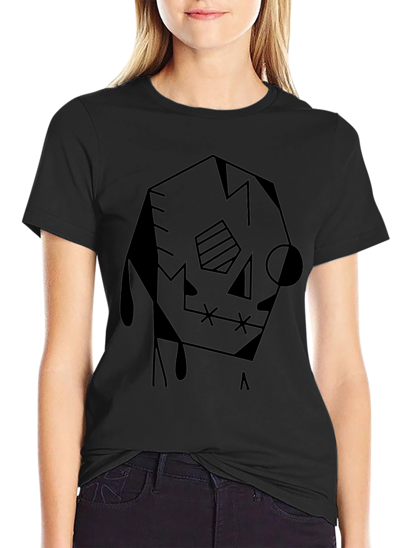 Abstract Geometric Skull Graphic Tee - Black