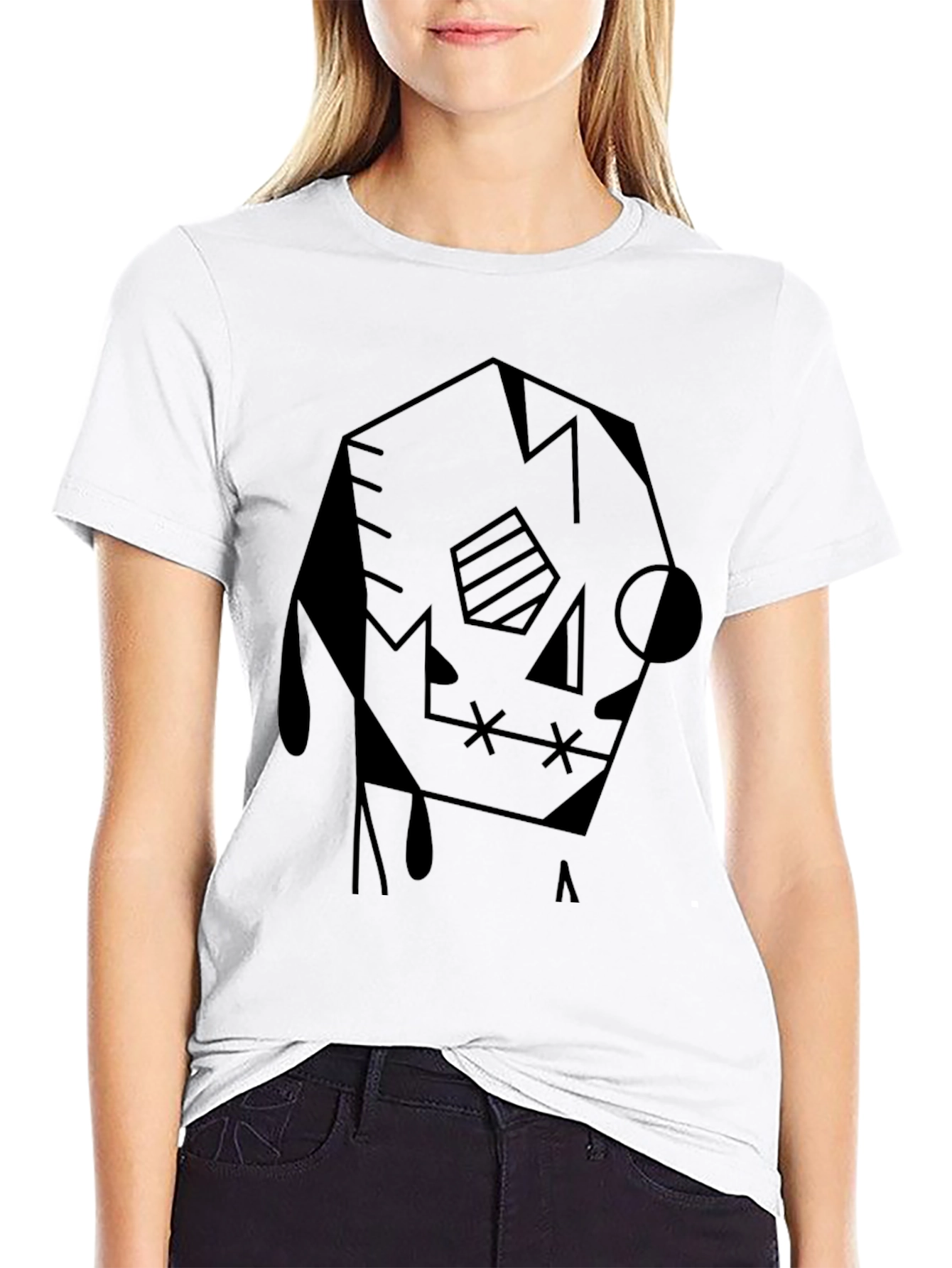 Abstract Geometric Skull Graphic Tee - Black