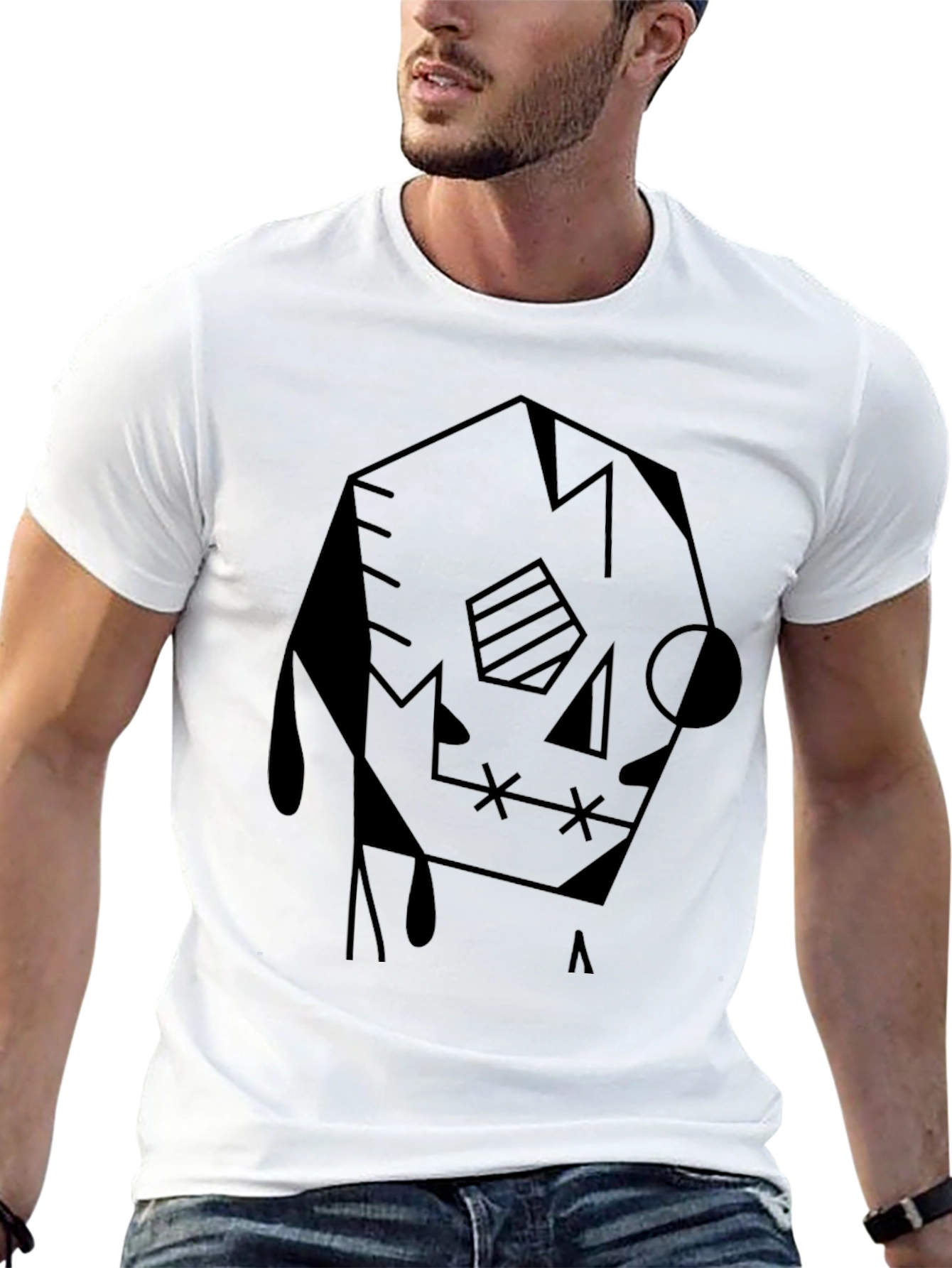 Abstract Geometric Skull Graphic Tee - Black