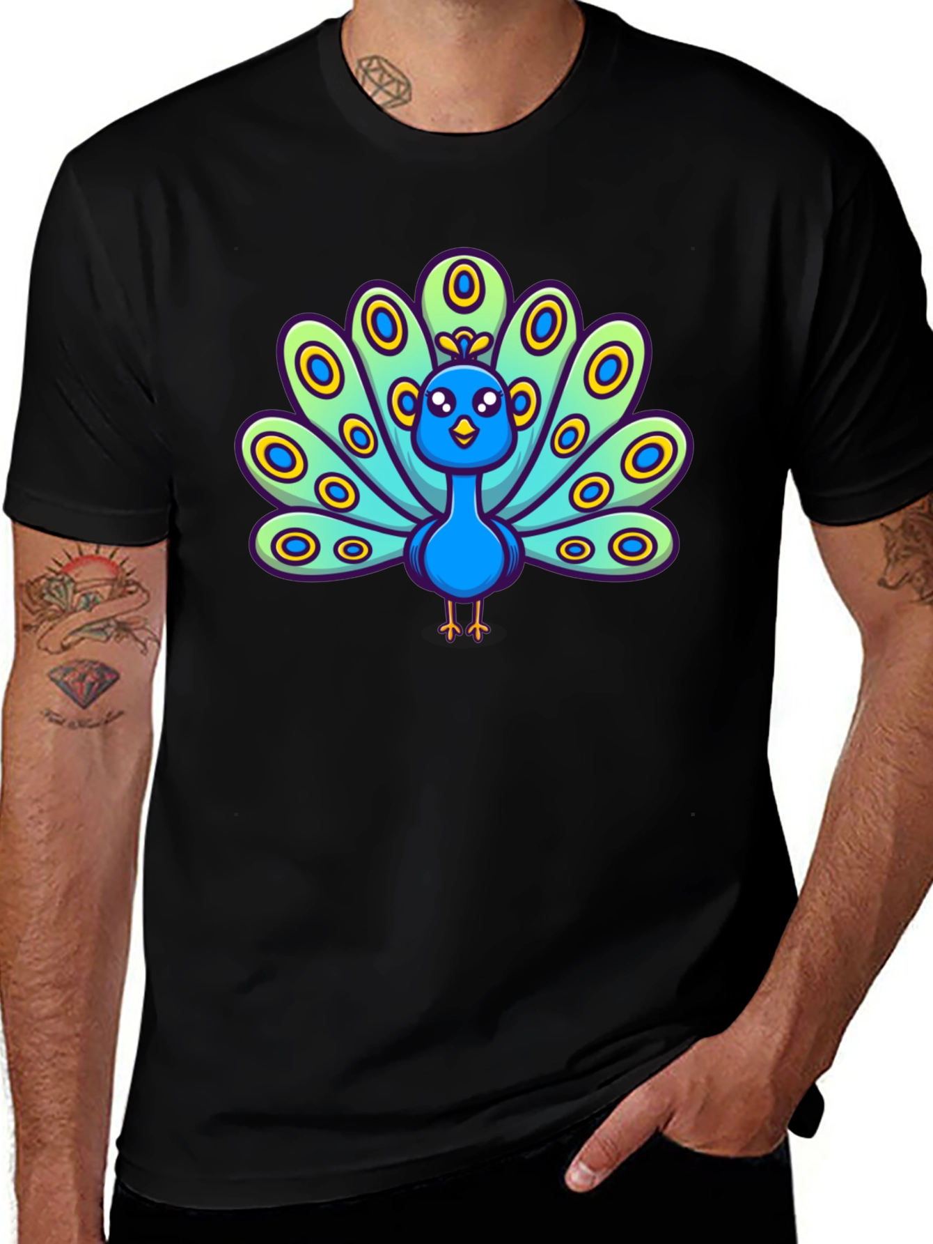 Cartoon Peacock Graphic Tee - Black