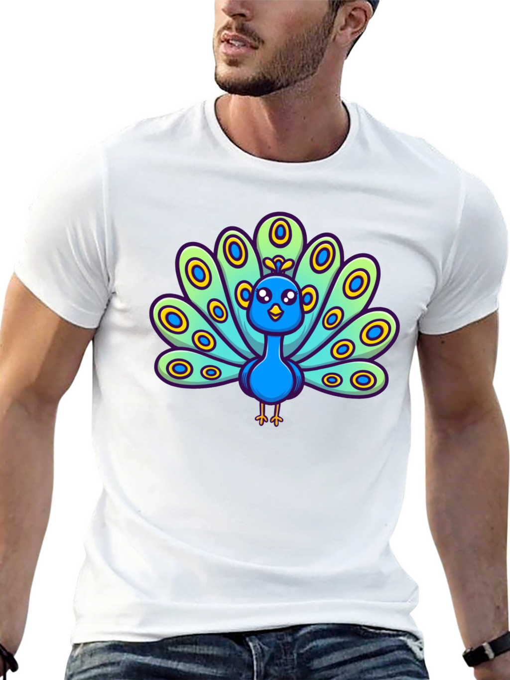 Cartoon Peacock Graphic Tee - Black