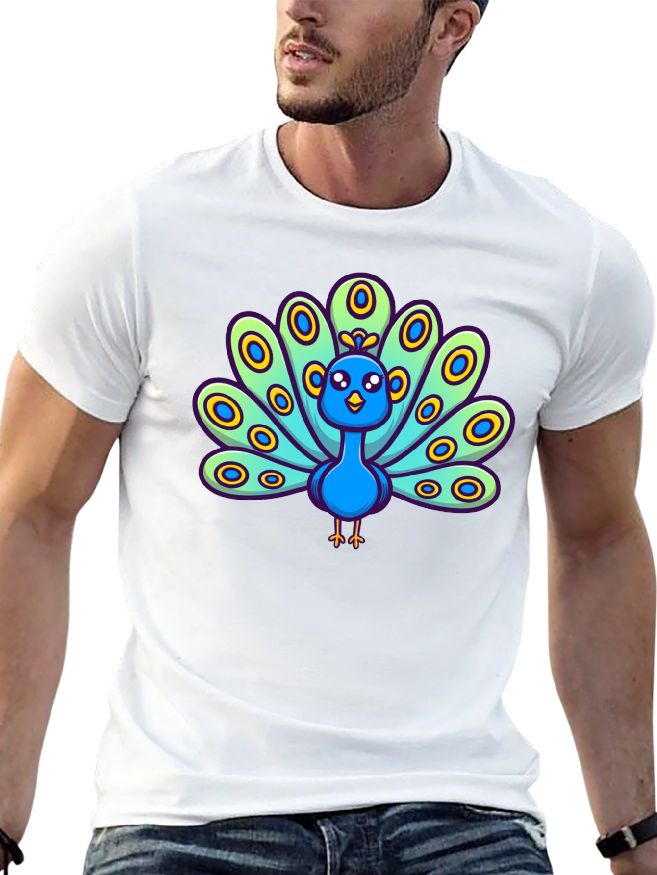Cartoon Peacock Graphic Tee - Black