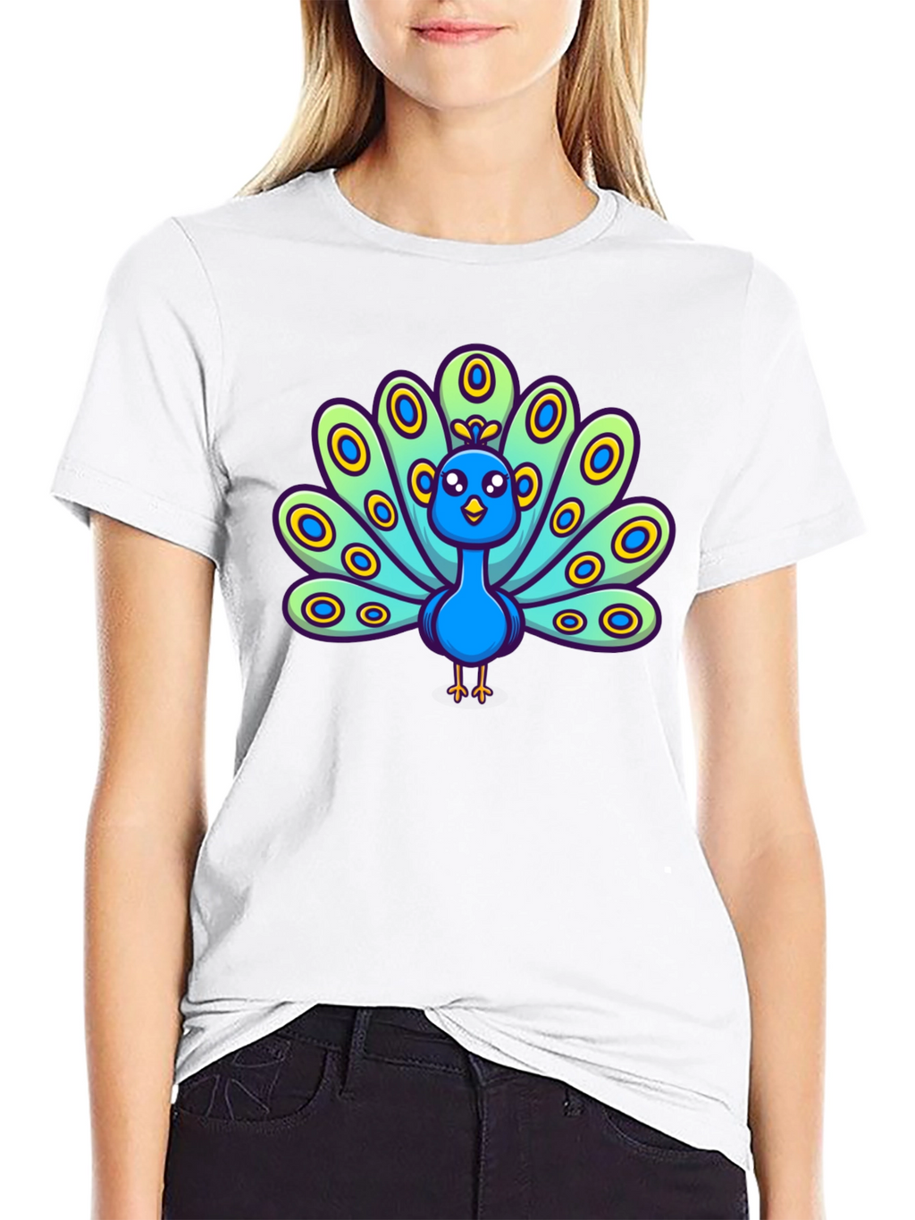 Cartoon Peacock Graphic Tee - Black
