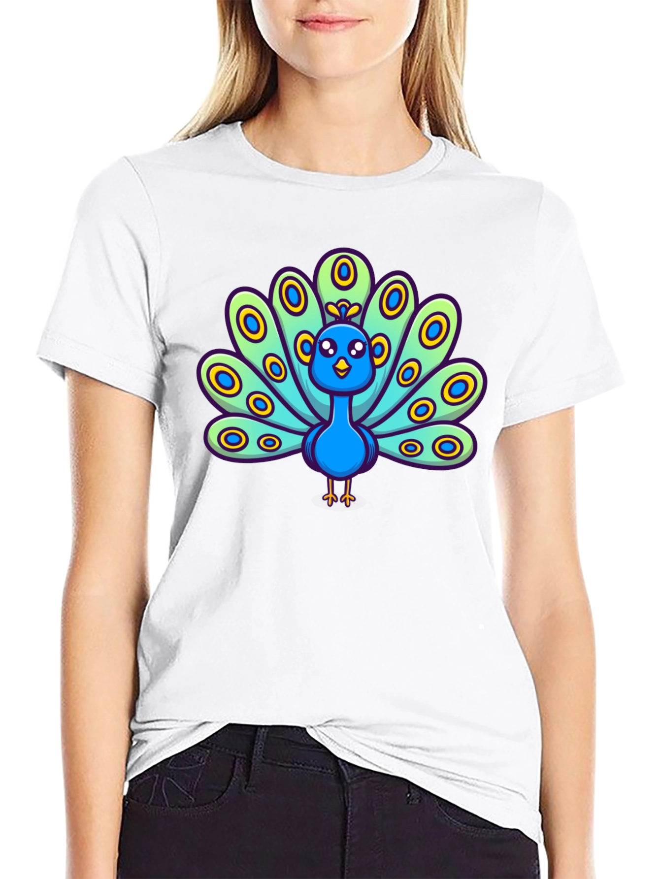 Cartoon Peacock Graphic Tee - Black
