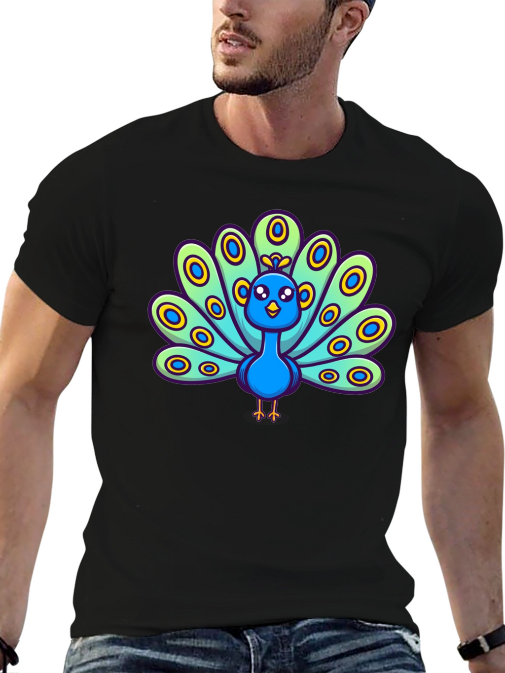 Cartoon Peacock Graphic Tee - Black