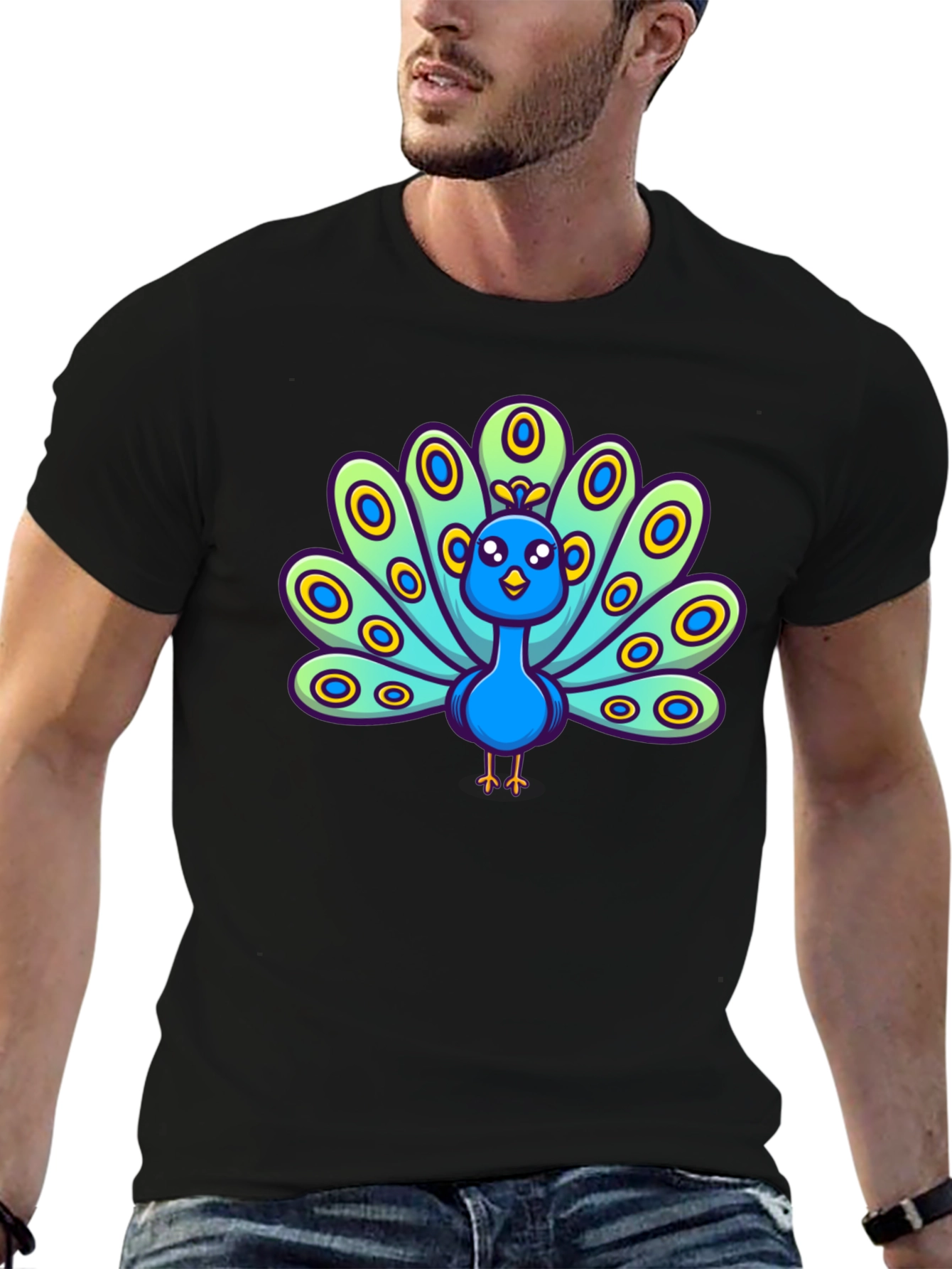 Cartoon Peacock Graphic Tee - Black