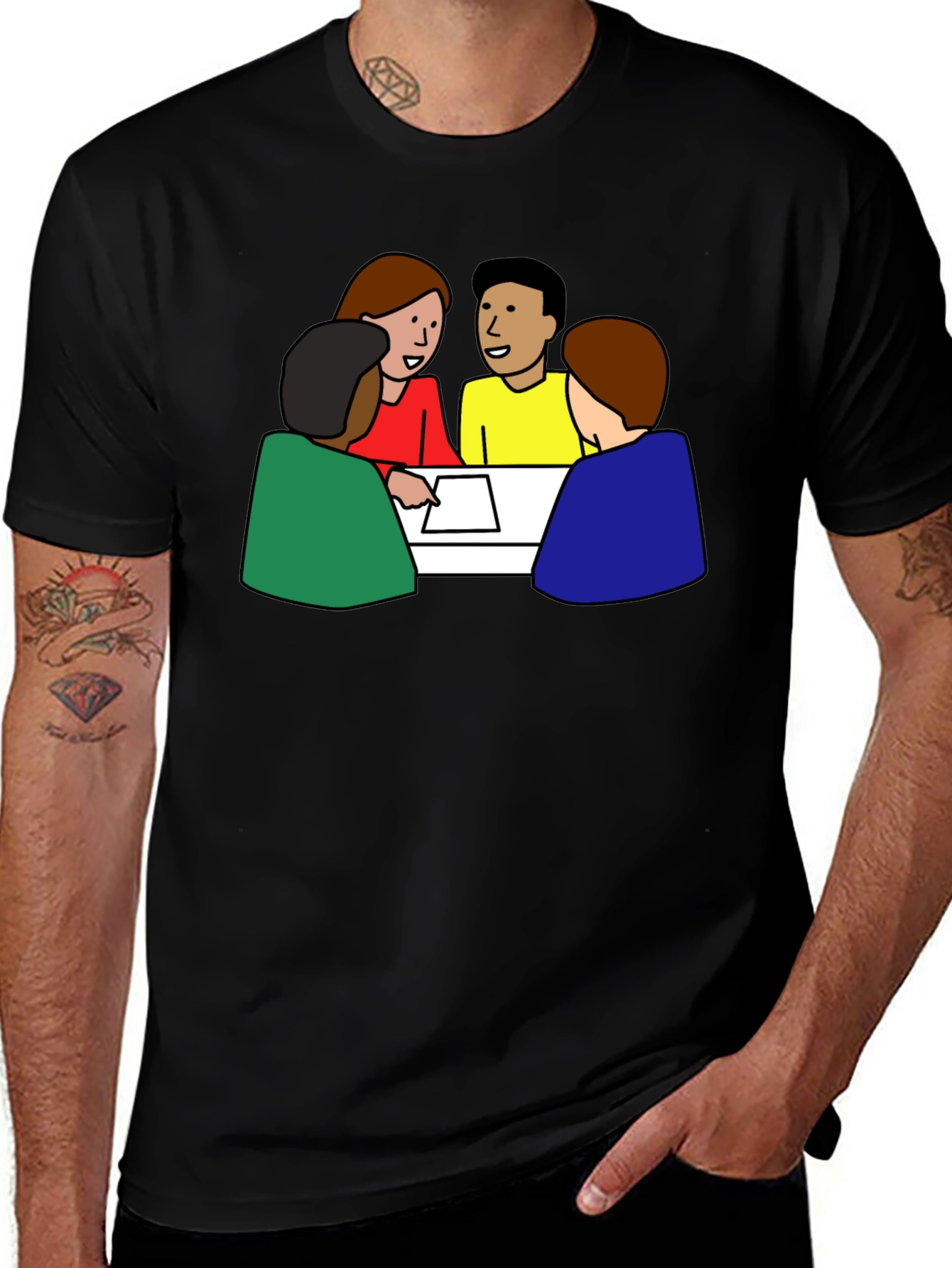 Black T-Shirt with Meeting Cartoon Graphic