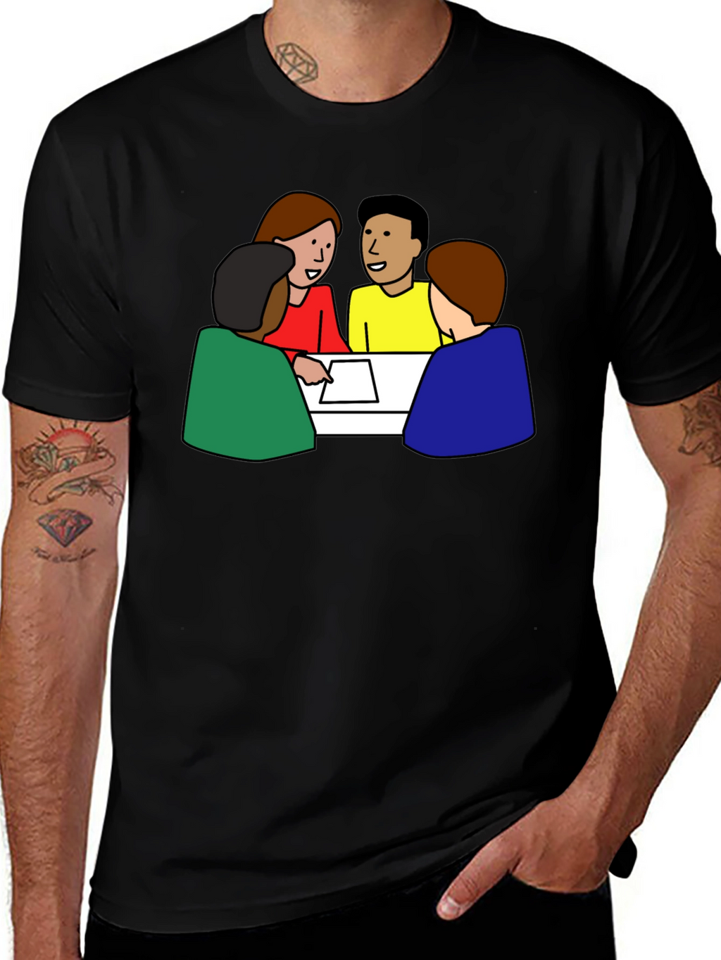 Black T-Shirt with Meeting Cartoon Graphic