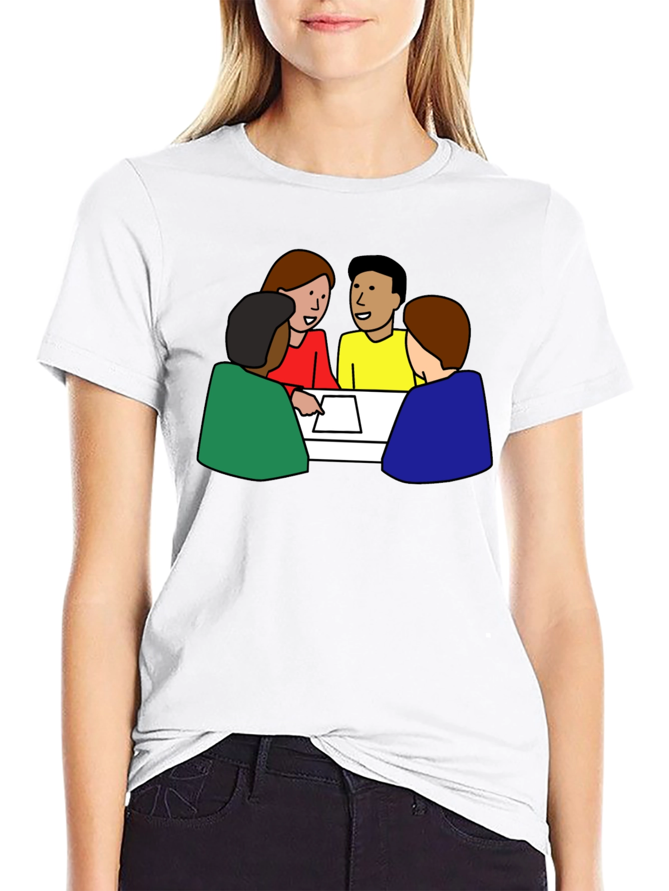 Black T-Shirt with Meeting Cartoon Graphic