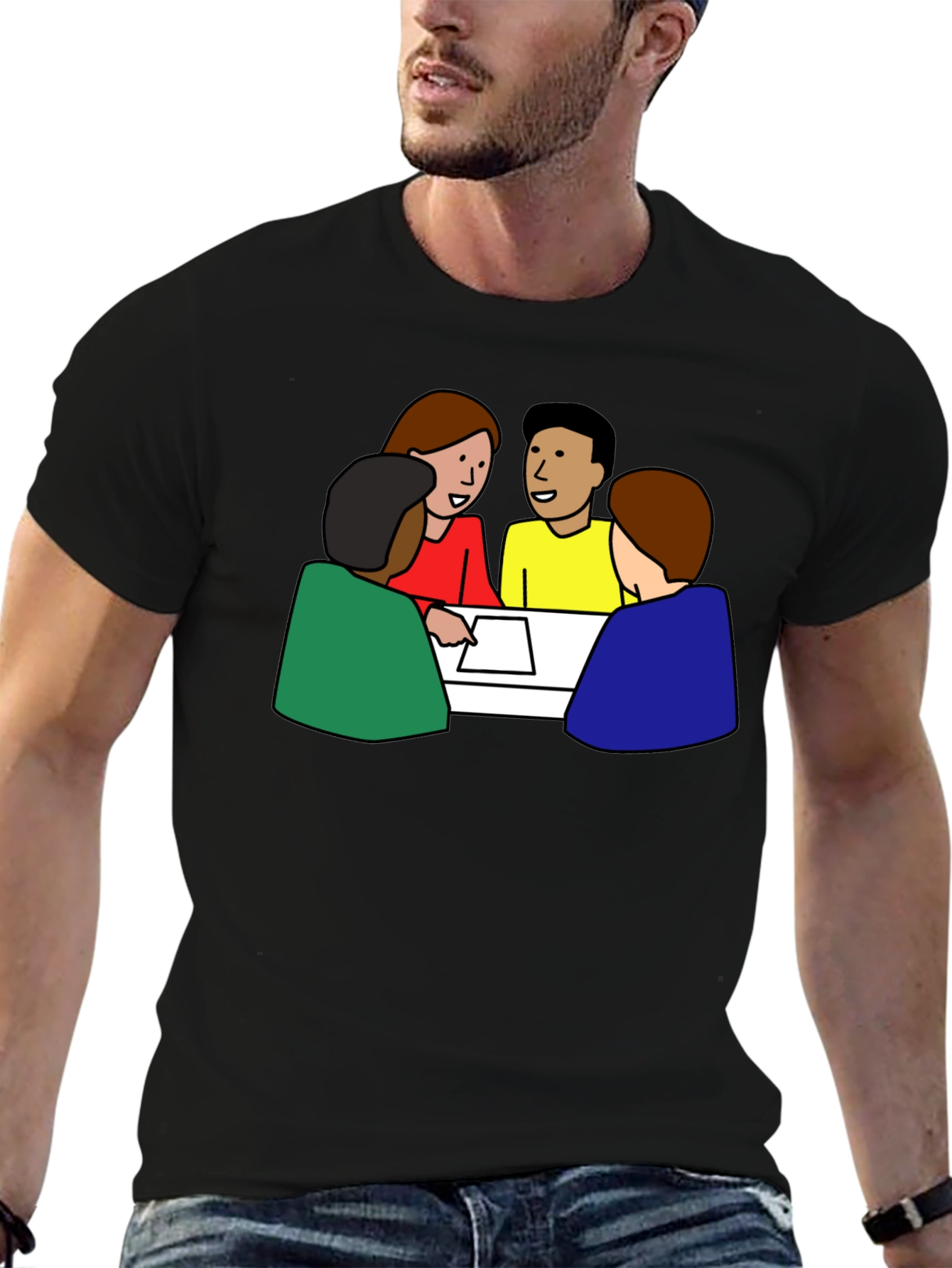 Black T-Shirt with Meeting Cartoon Graphic