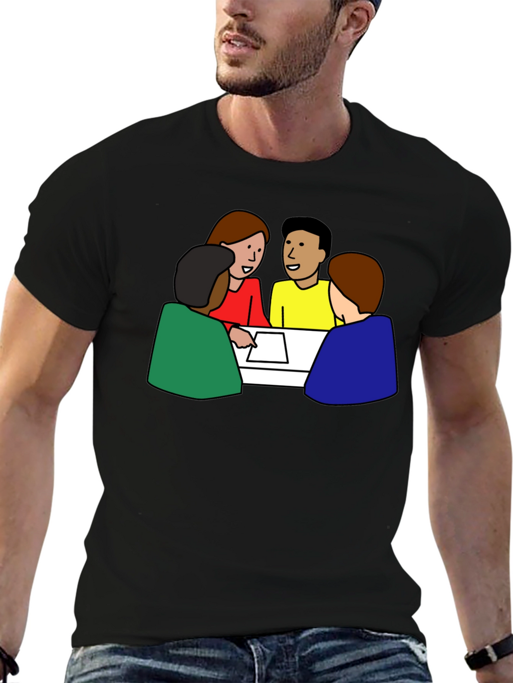 Black T-Shirt with Meeting Cartoon Graphic