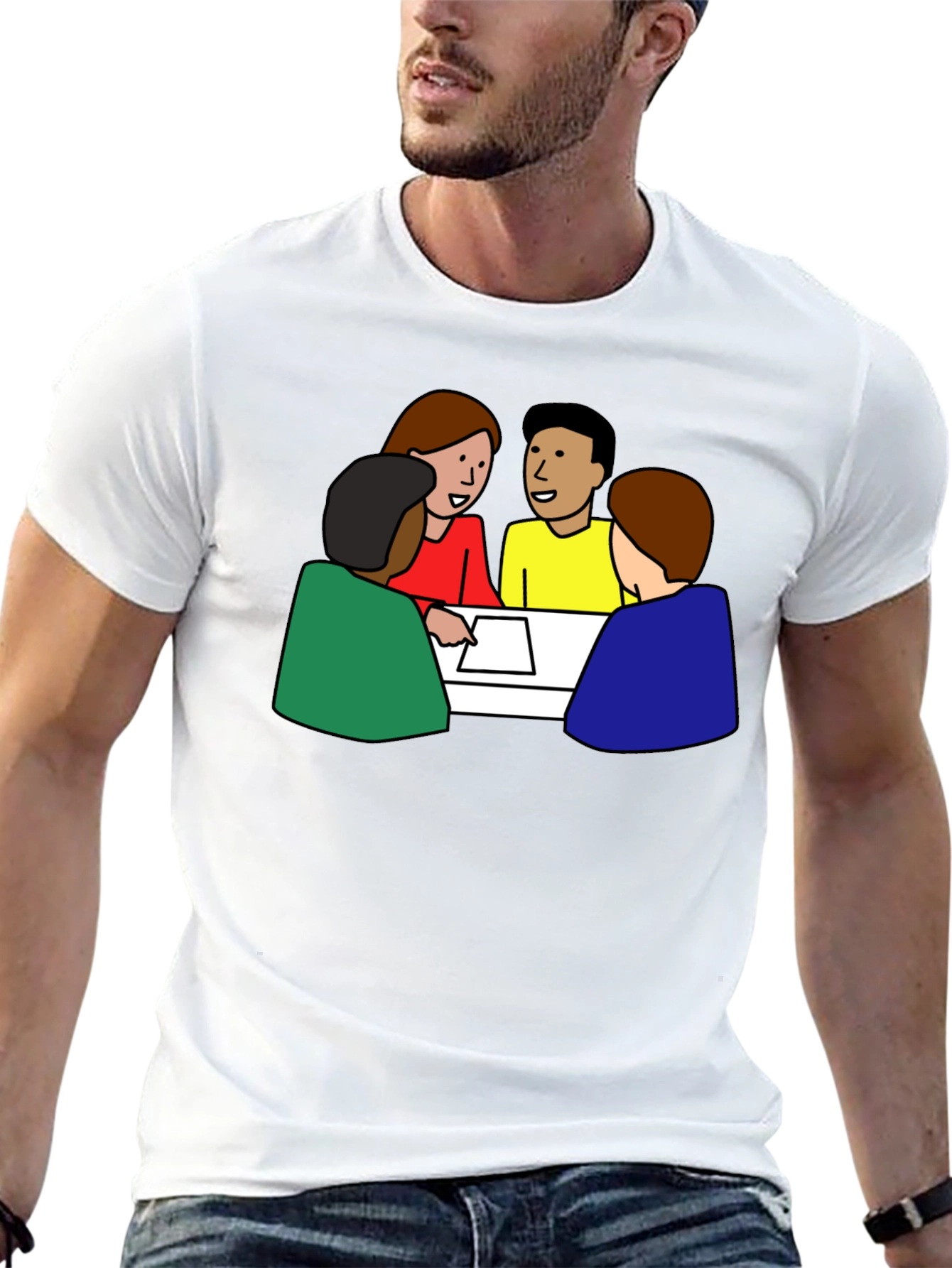 Black T-Shirt with Meeting Cartoon Graphic
