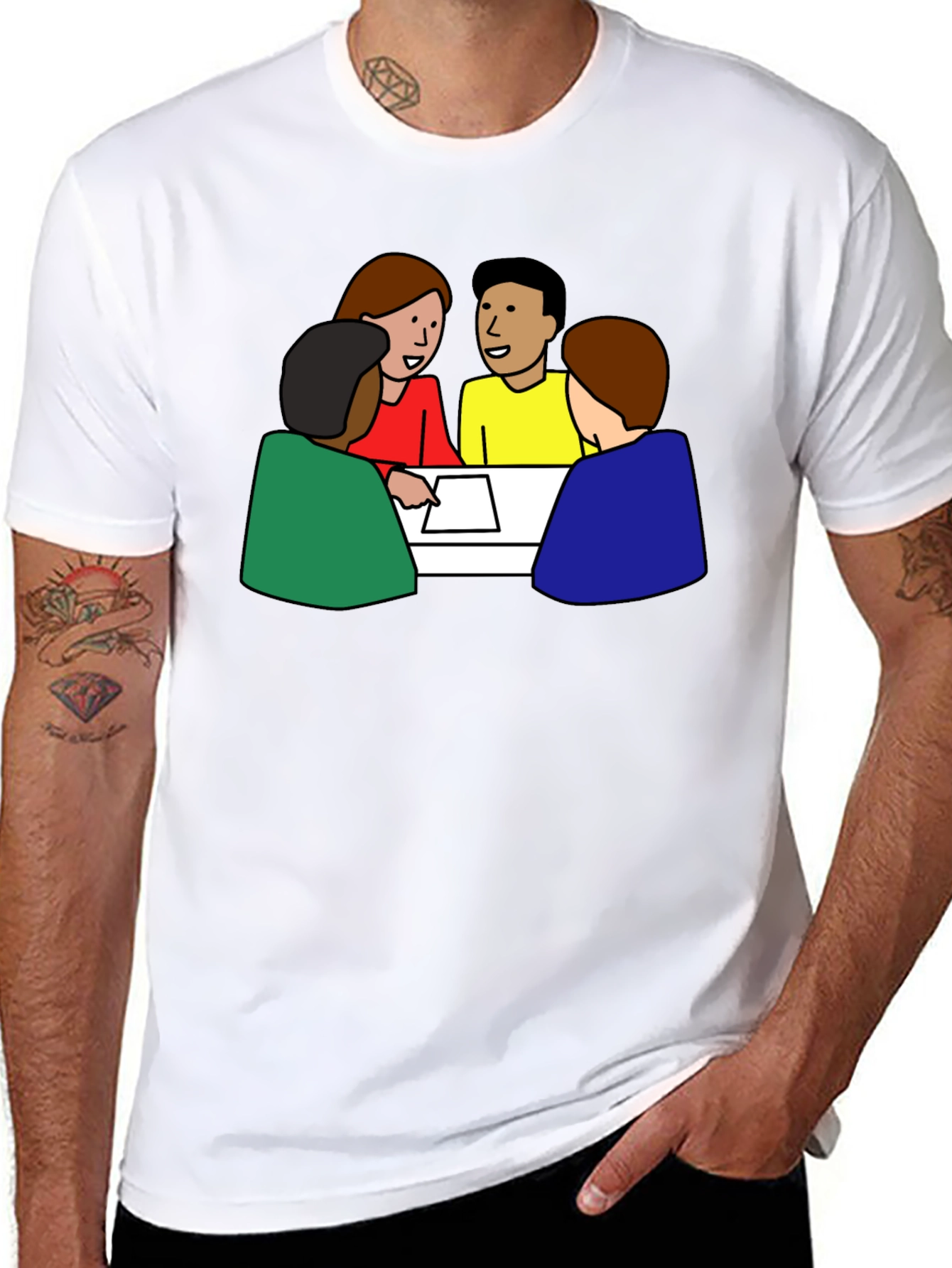 Black T-Shirt with Meeting Cartoon Graphic