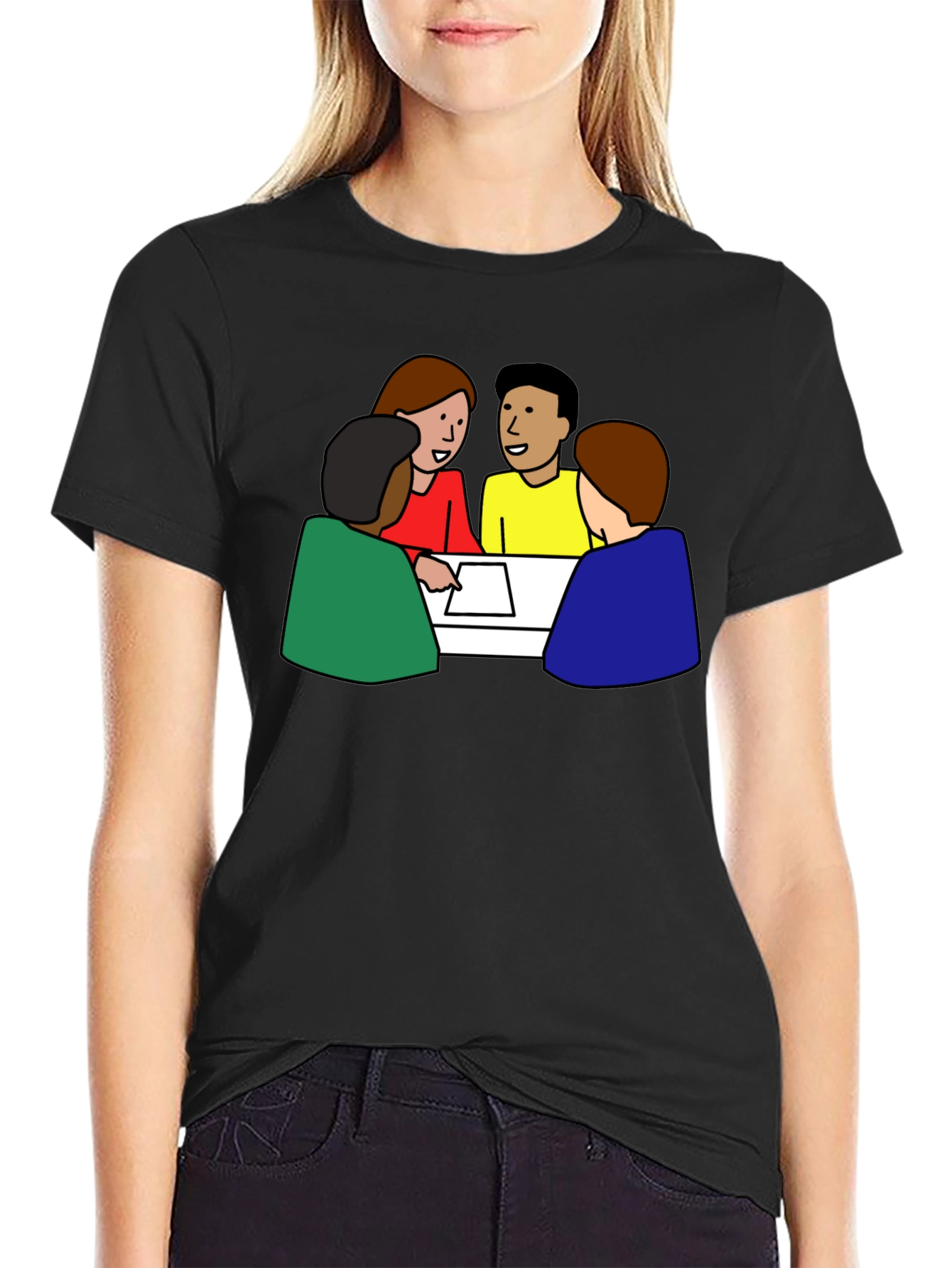 Black T-Shirt with Meeting Cartoon Graphic
