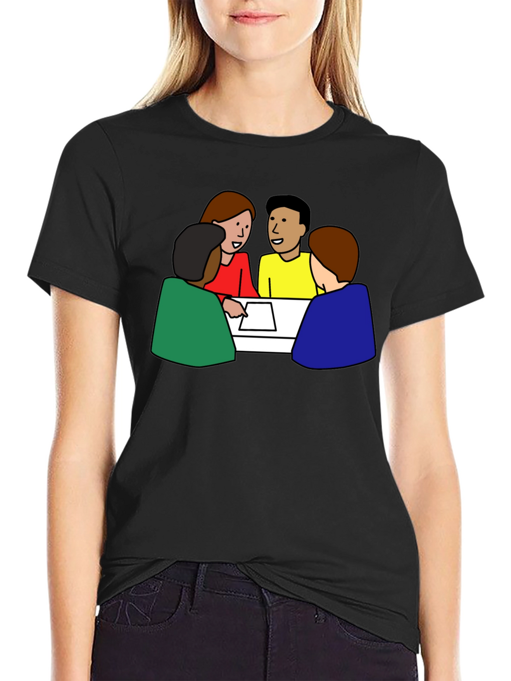 Black T-Shirt with Meeting Cartoon Graphic