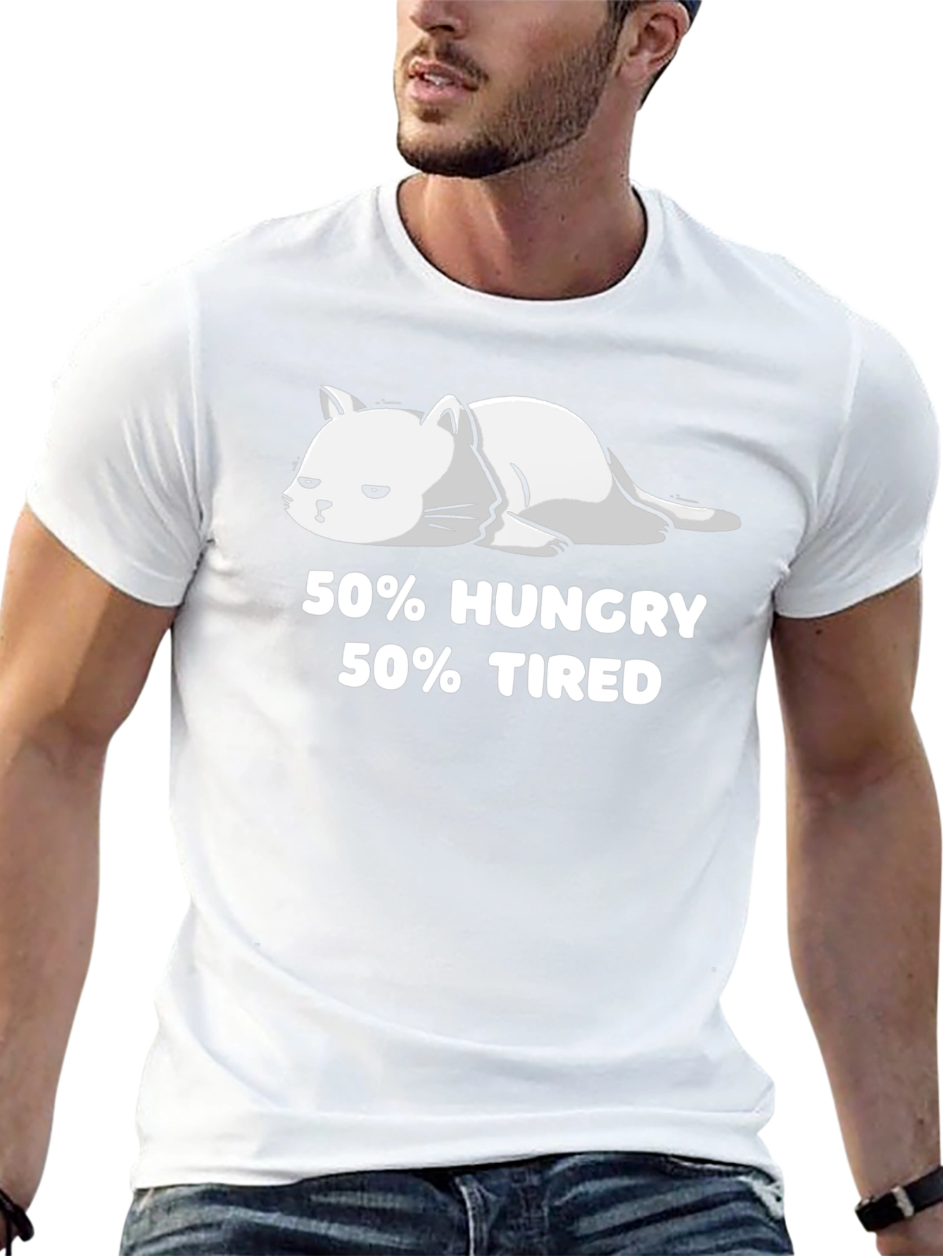 50% Hungry 50% Tired Cat Graphic T-Shirt