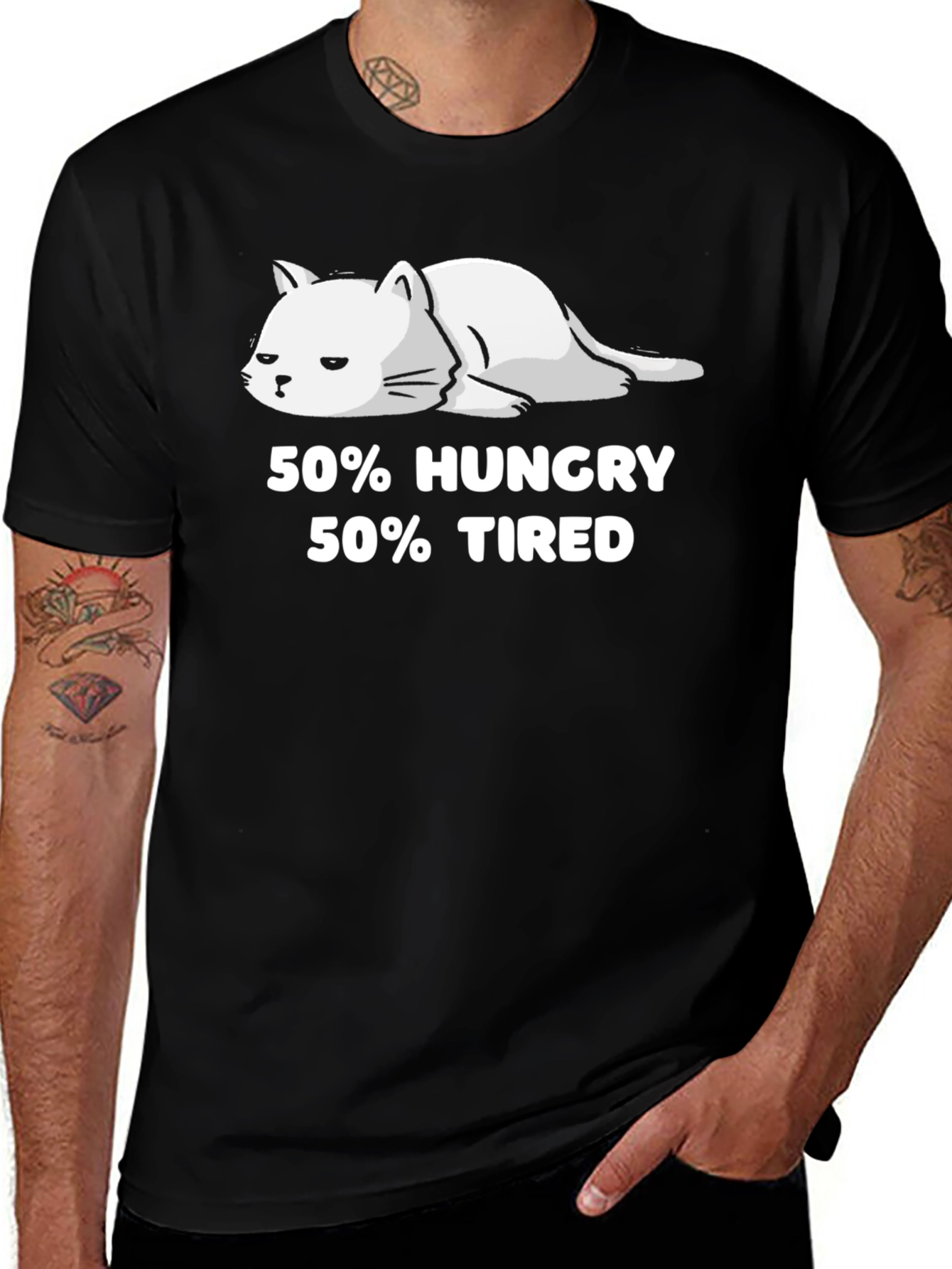 50% Hungry 50% Tired Cat Graphic T-Shirt