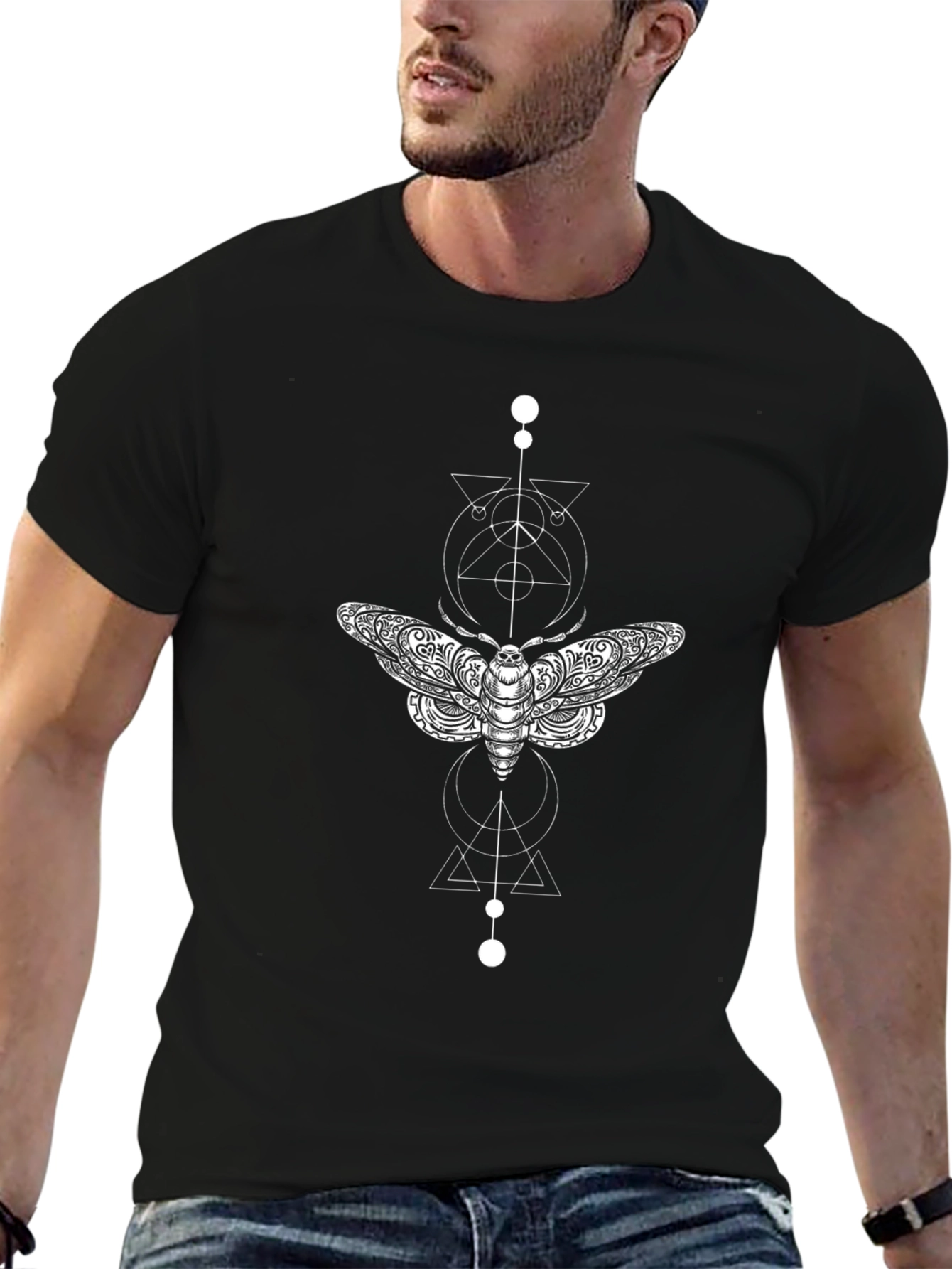 Geometric Moth Graphic Tee - Modern Black T-Shirt