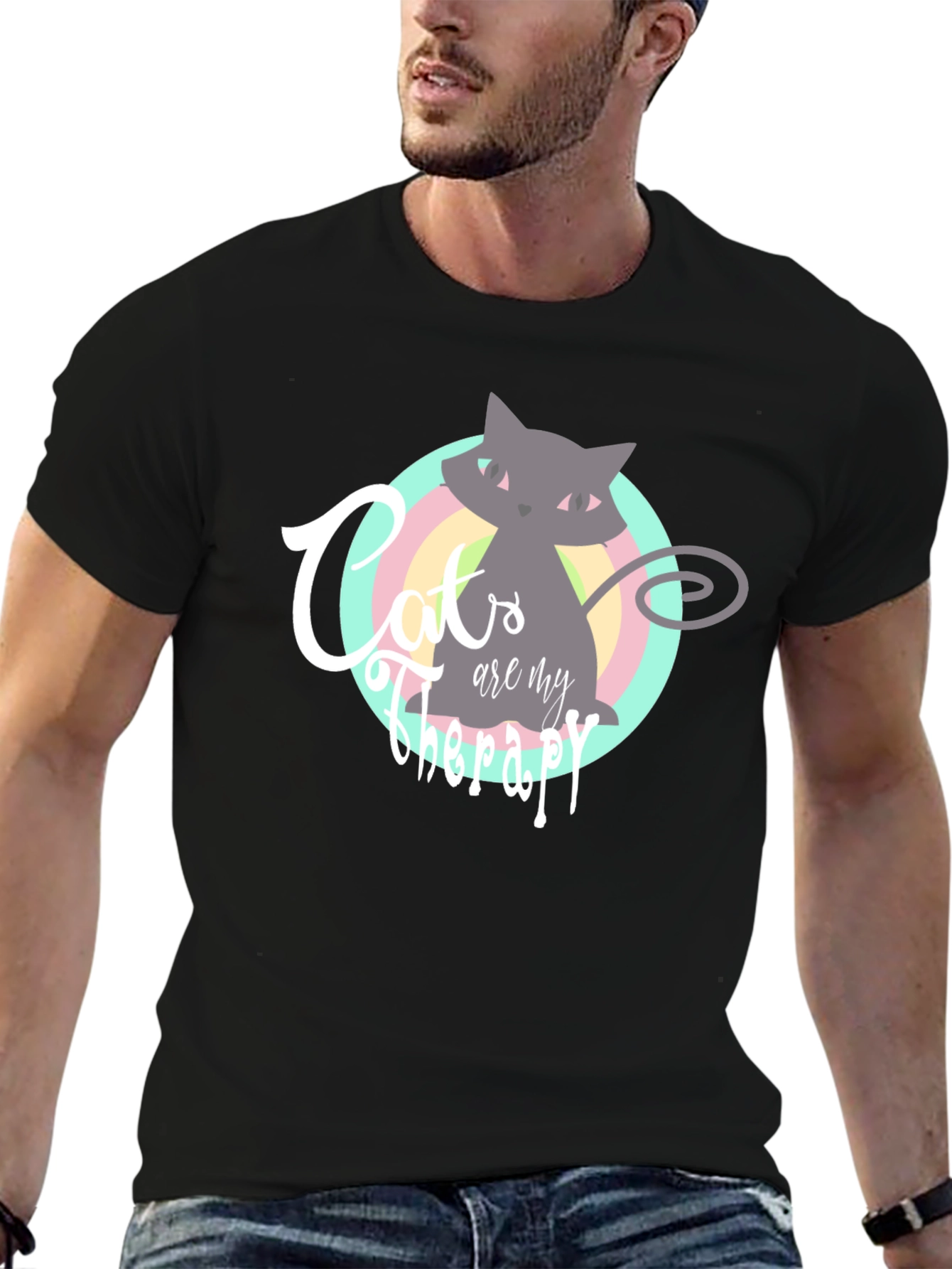 Cats are My Therapy T-Shirt - Black Cute Cat Graphic
