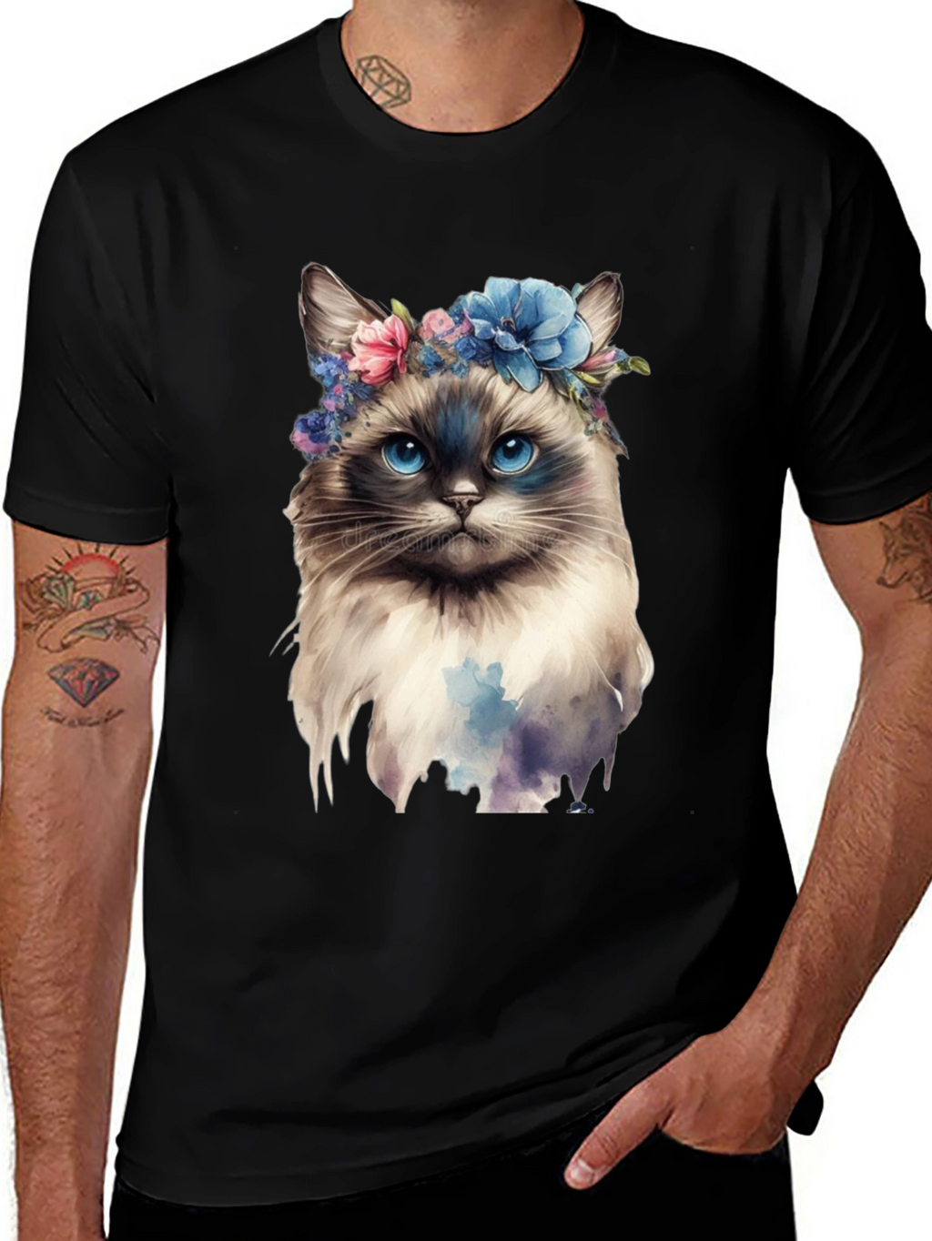 Cat with Flowers Black T-Shirt