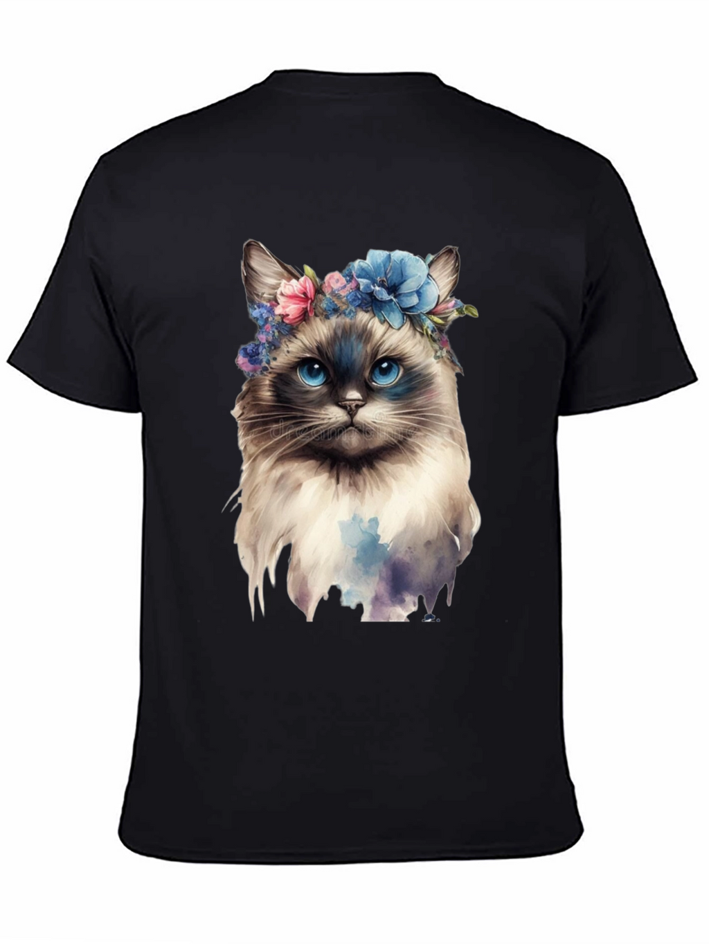 Cat with Flowers Black T-Shirt
