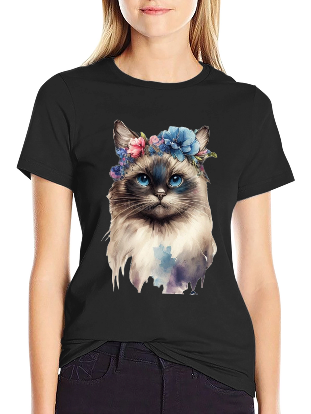Cat with Flowers Black T-Shirt