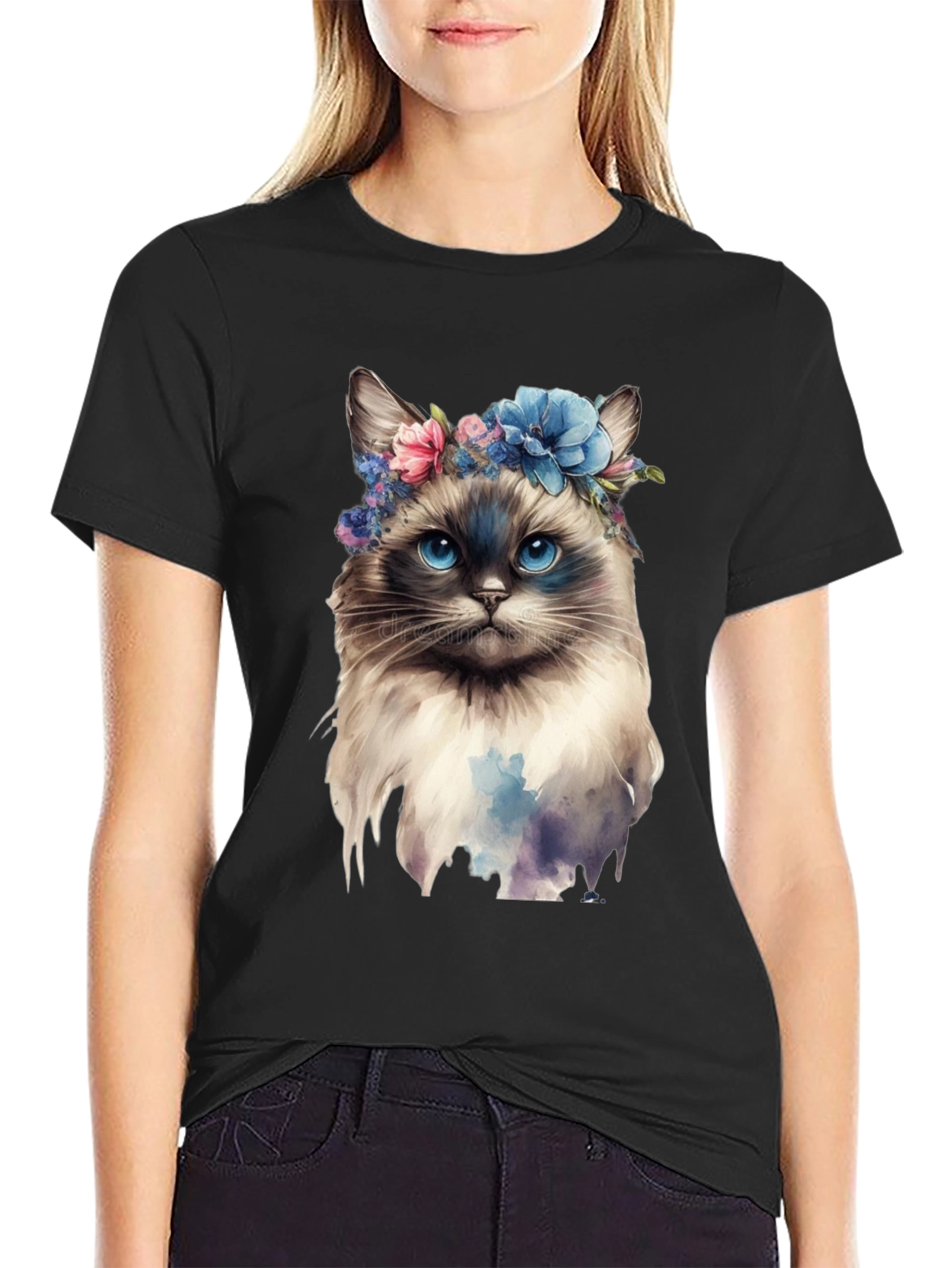 Cat with Flowers Black T-Shirt
