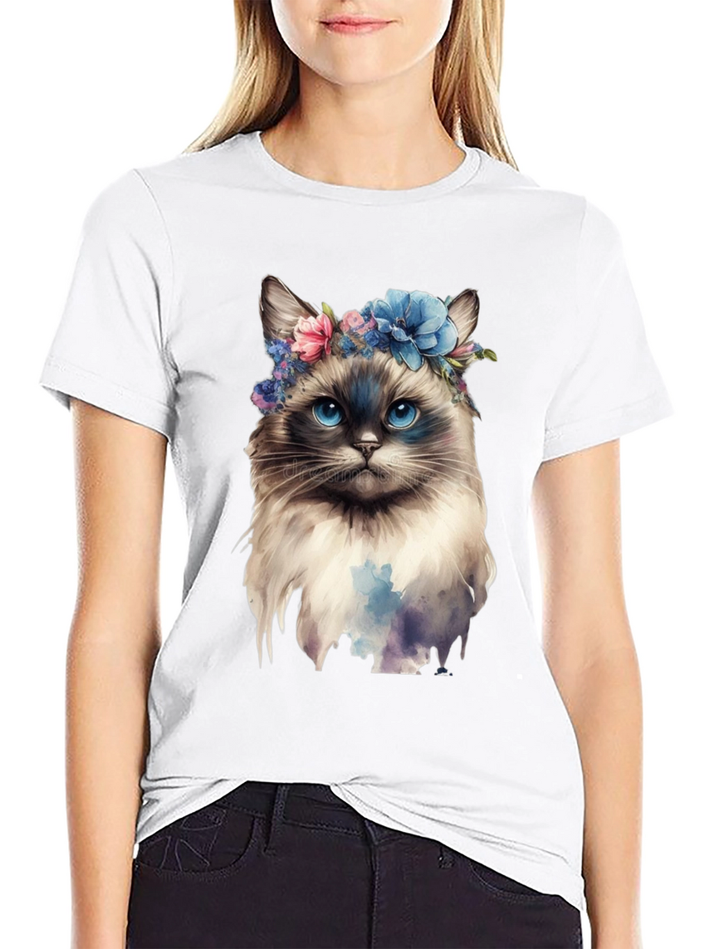 Cat with Flowers Black T-Shirt