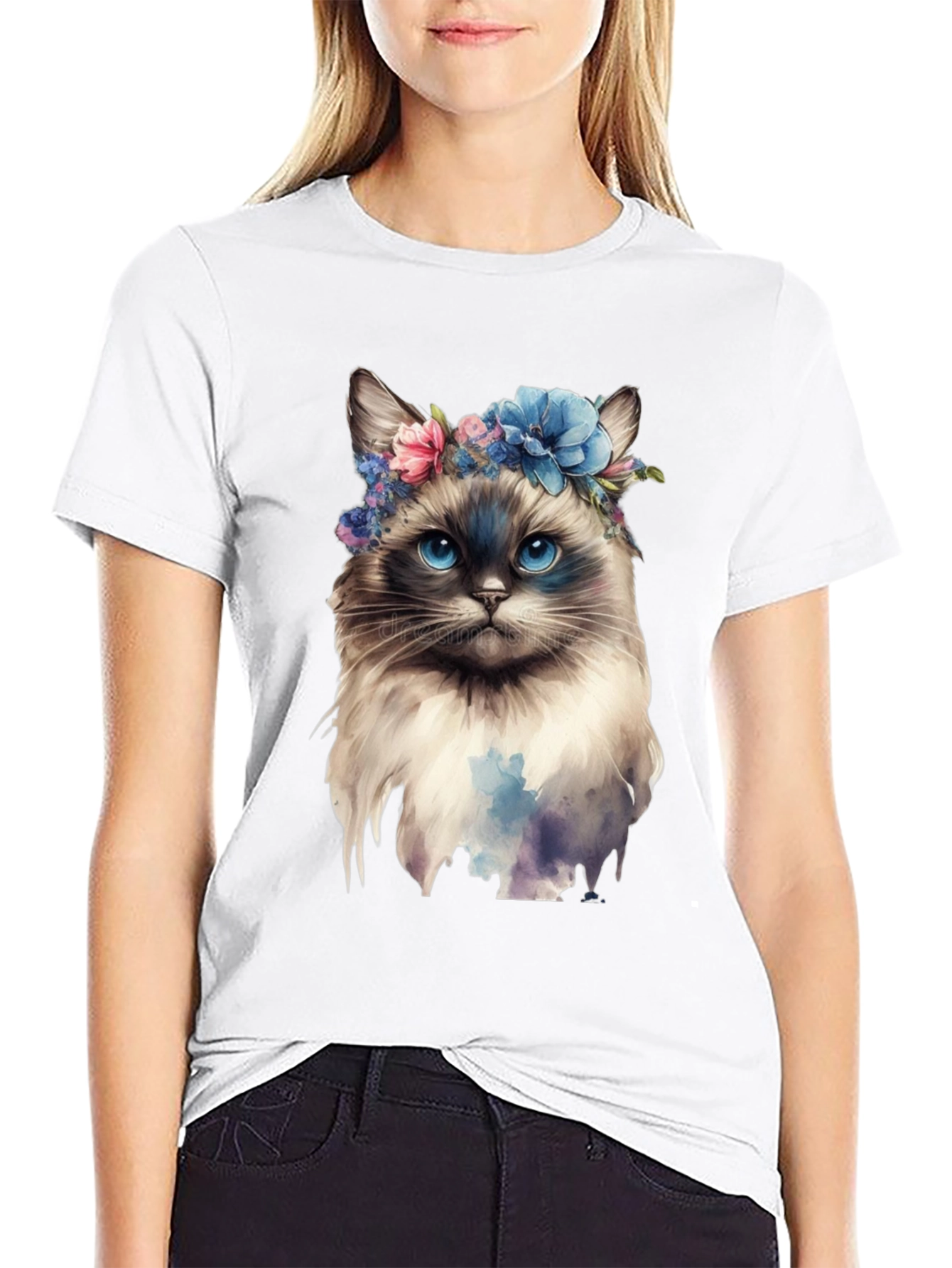 Cat with Flowers Black T-Shirt