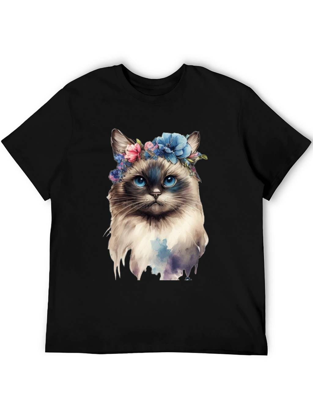 Cat with Flowers Black T-Shirt