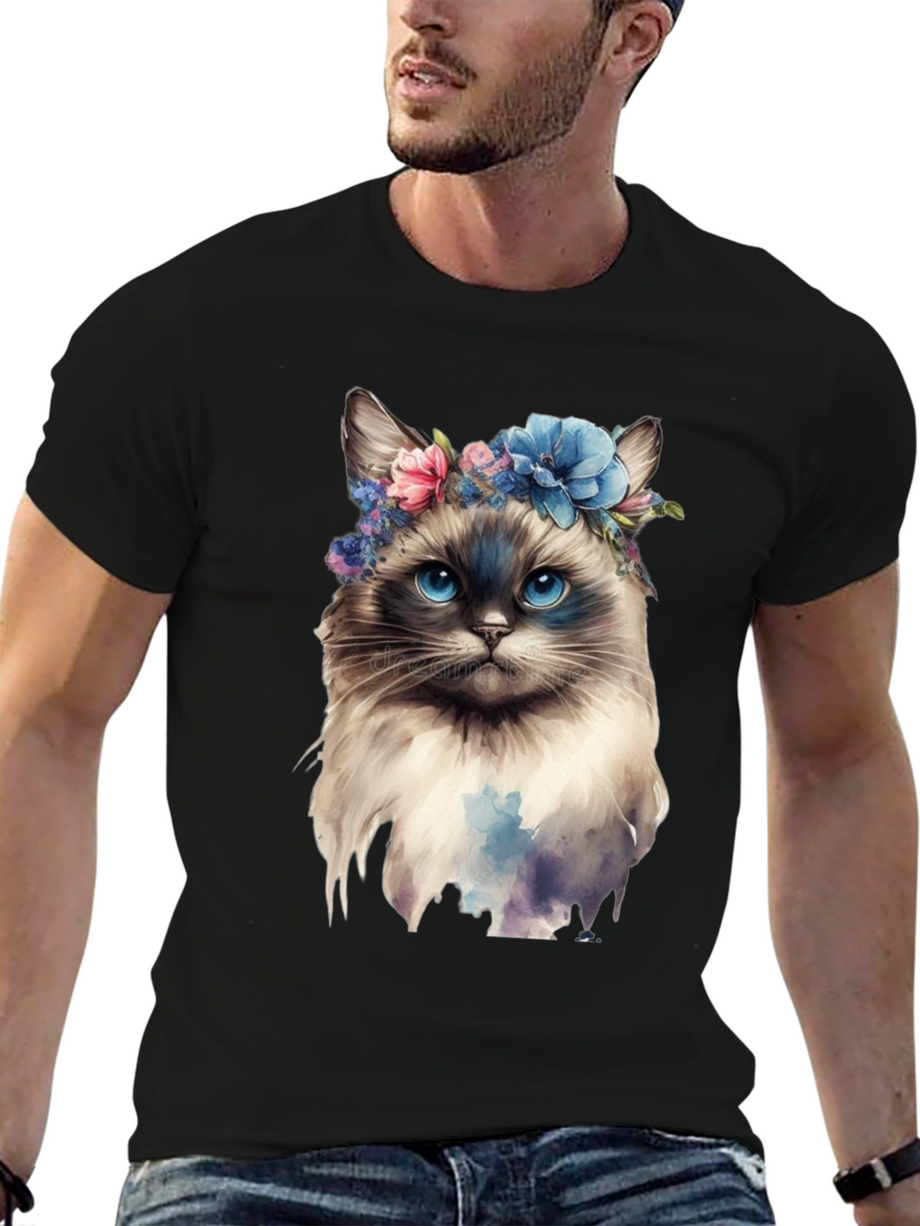 Cat with Flowers Black T-Shirt