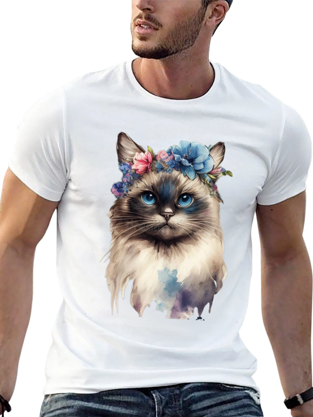Cat with Flowers Black T-Shirt