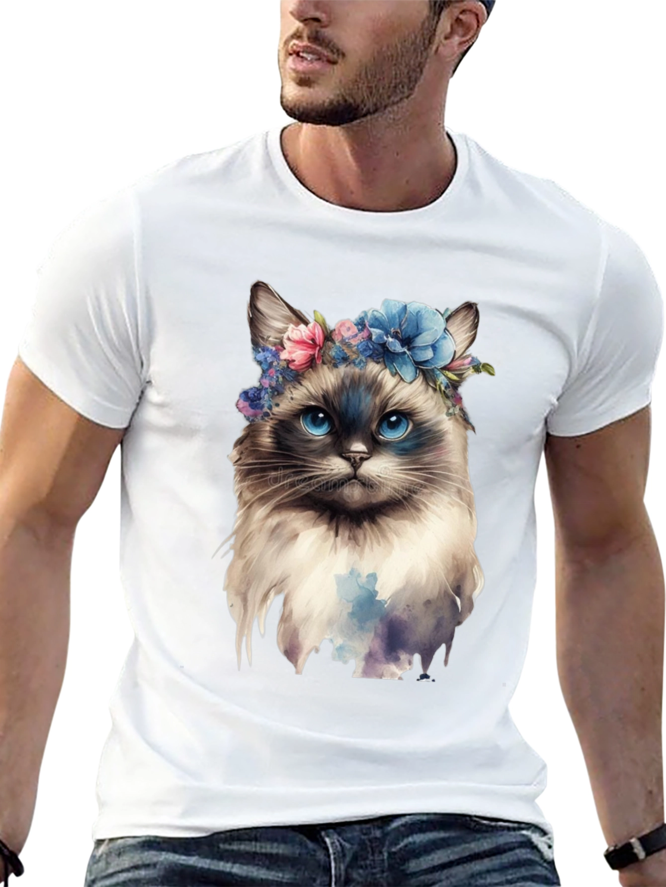 Cat with Flowers Black T-Shirt