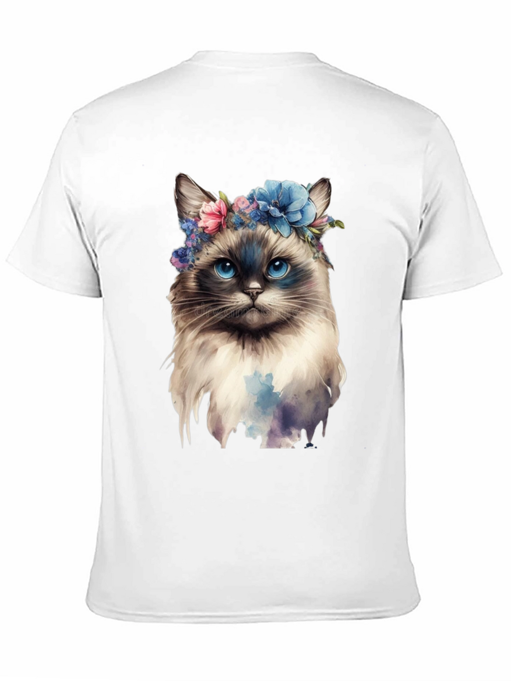 Cat with Flowers Black T-Shirt