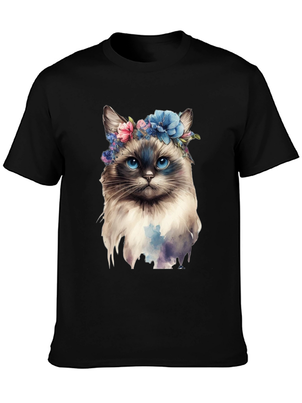 Cat with Flowers Black T-Shirt