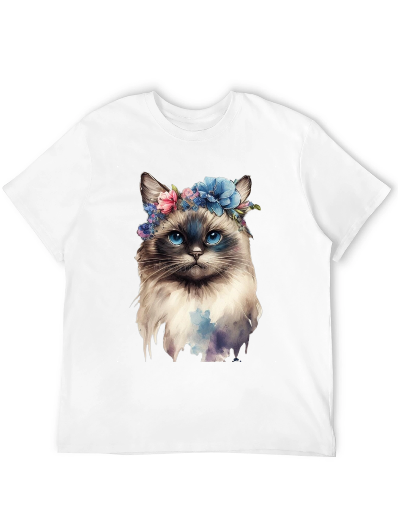 Cat with Flowers Black T-Shirt