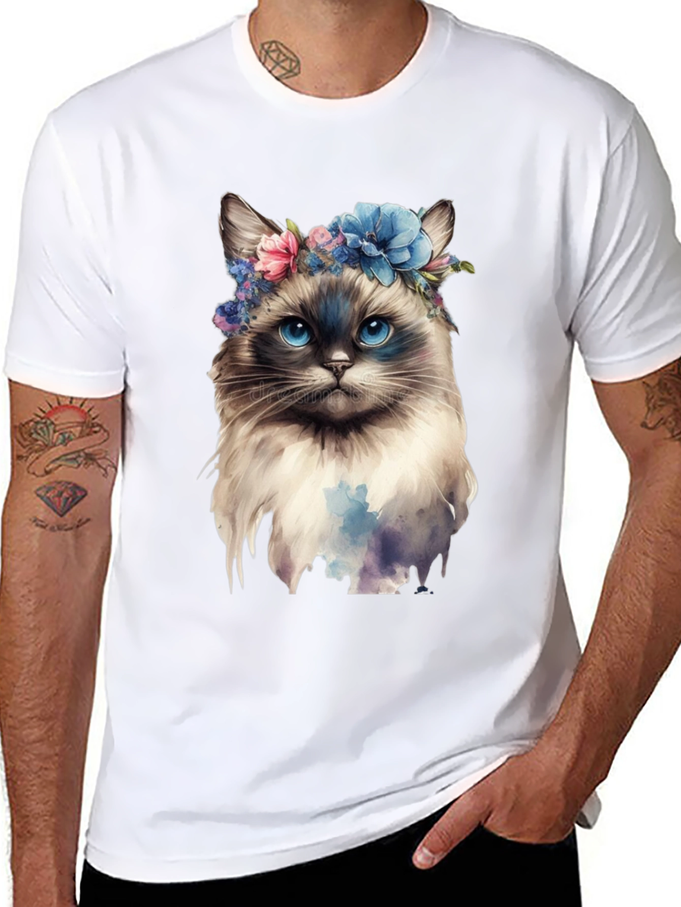 Cat with Flowers Black T-Shirt