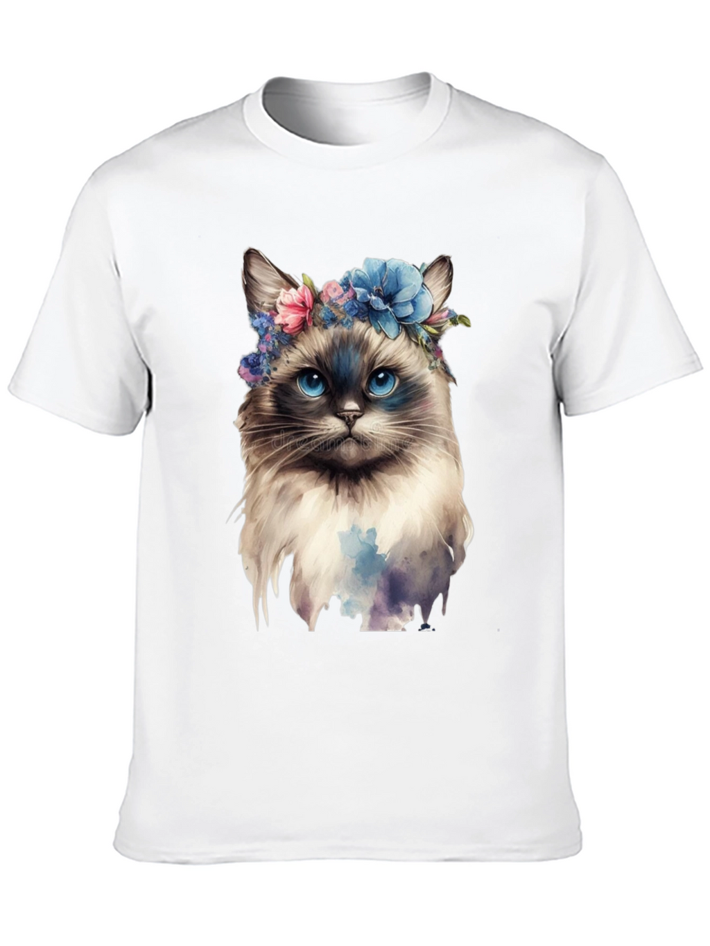 Cat with Flowers Black T-Shirt