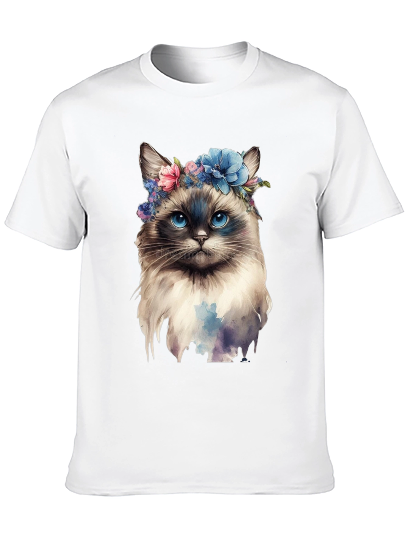 Cat with Flowers Black T-Shirt