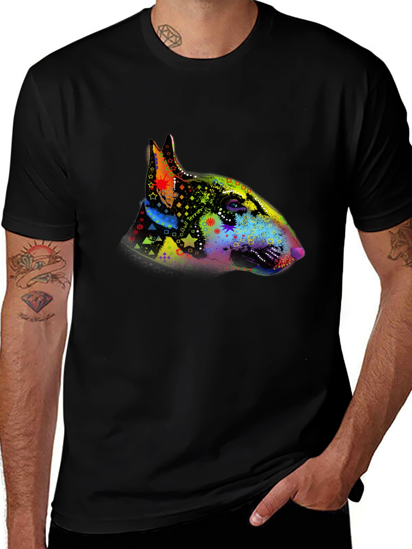 Dog Bull Terrier Colorful Head Print Mens T-Shirt