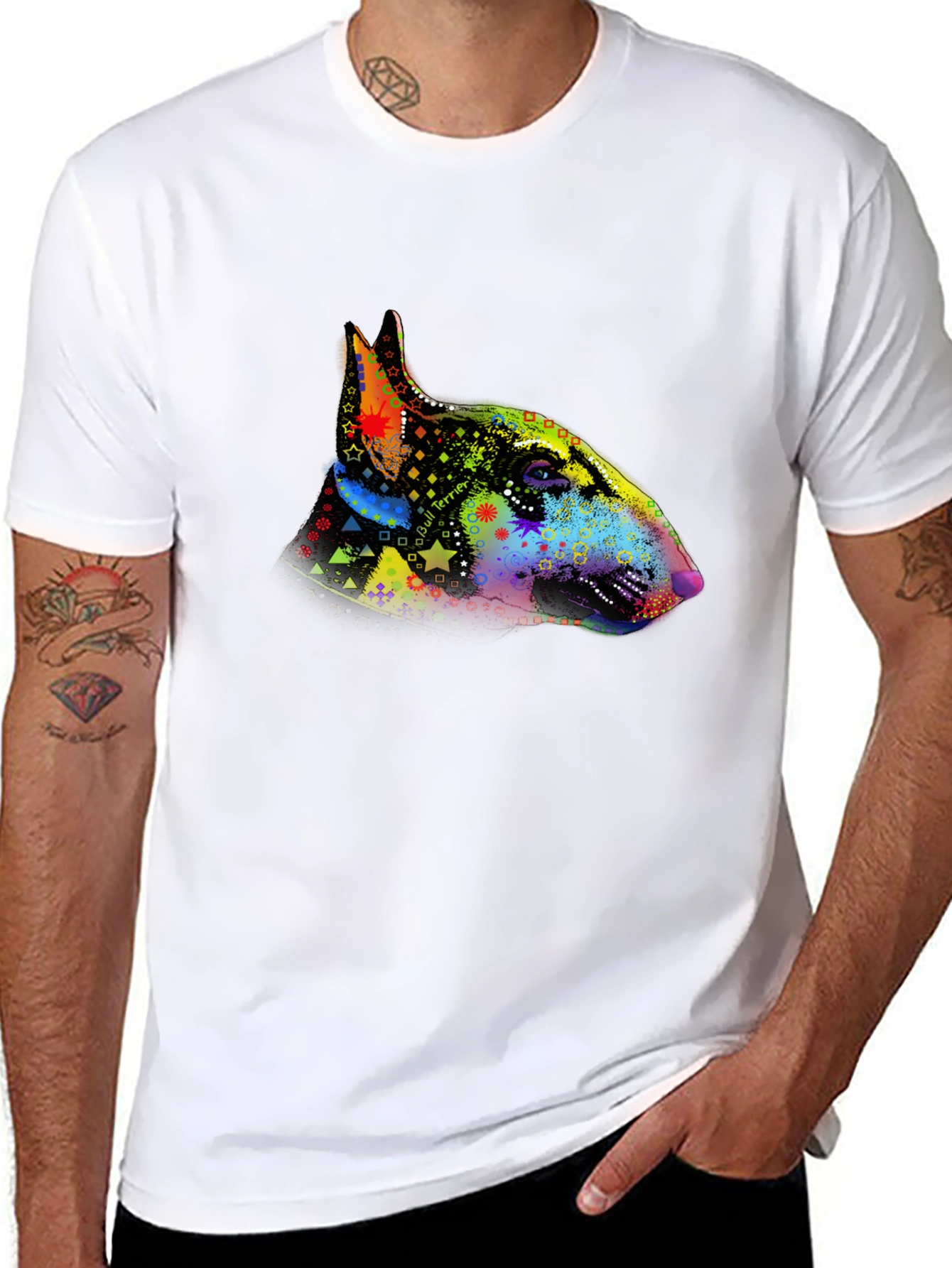 Dog Bull Terrier Colorful Head Print Mens T-Shirt