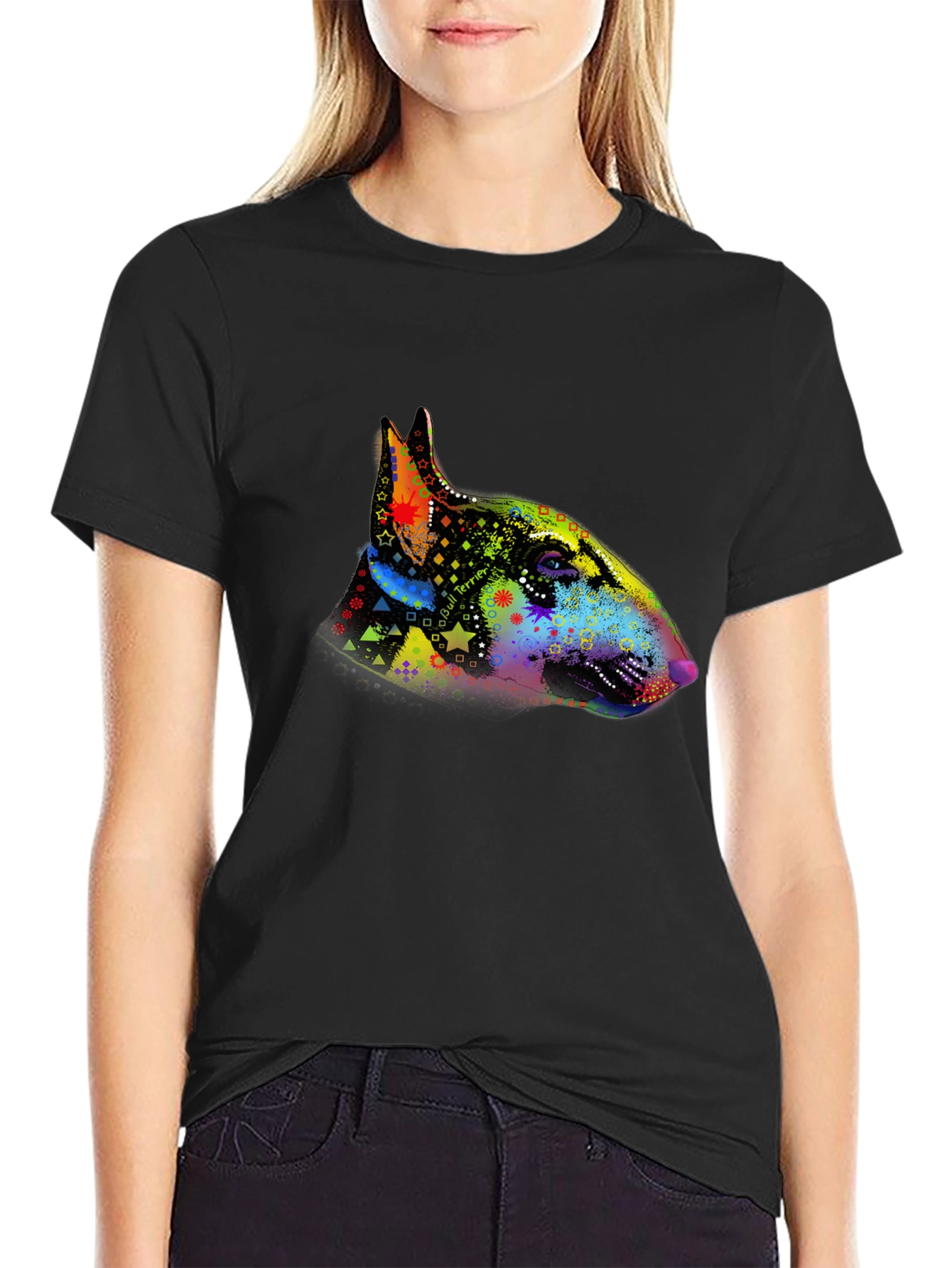 Dog Bull Terrier Colorful Head Print Mens T-Shirt