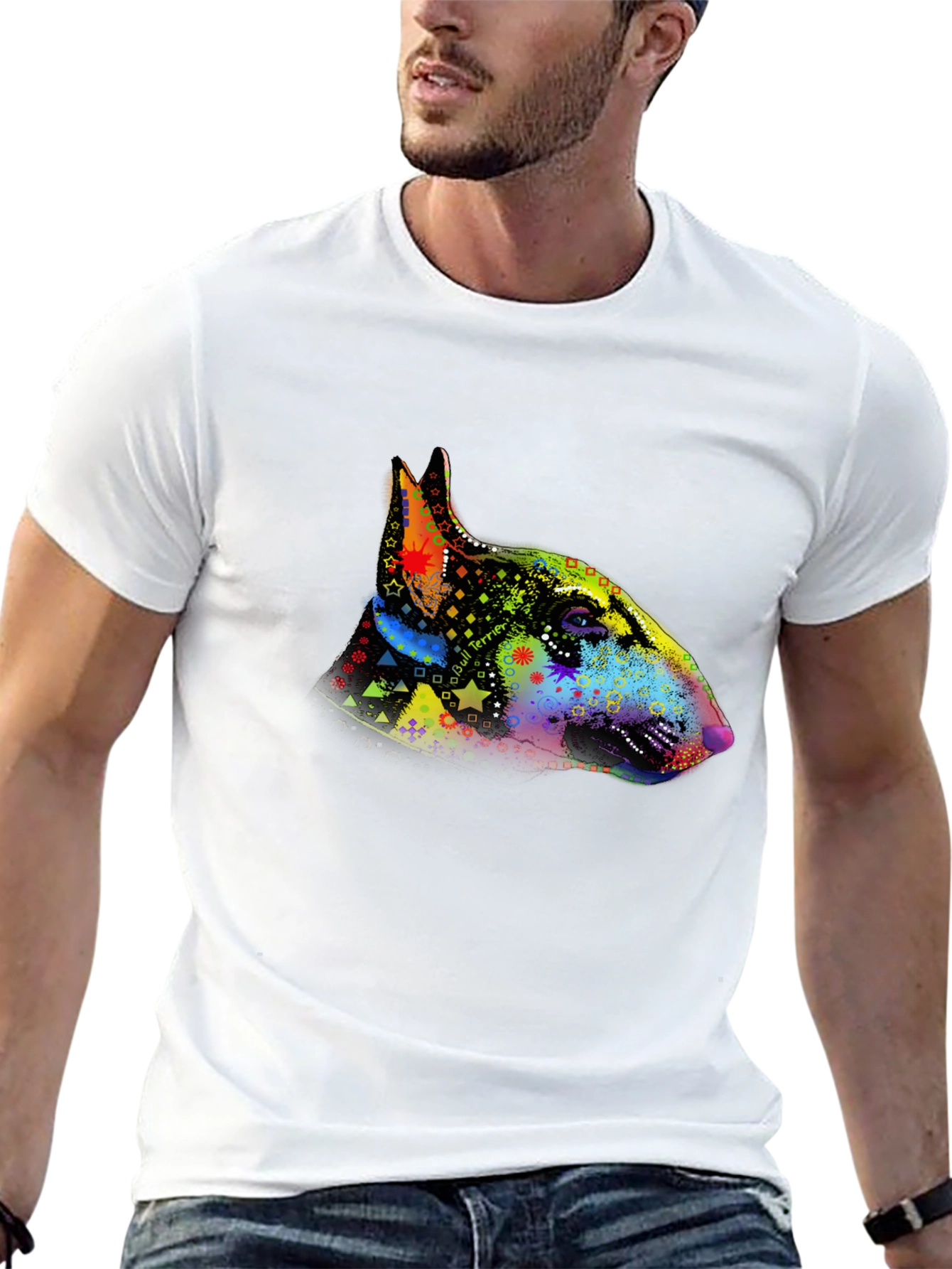 Dog Bull Terrier Colorful Head Print Mens T-Shirt