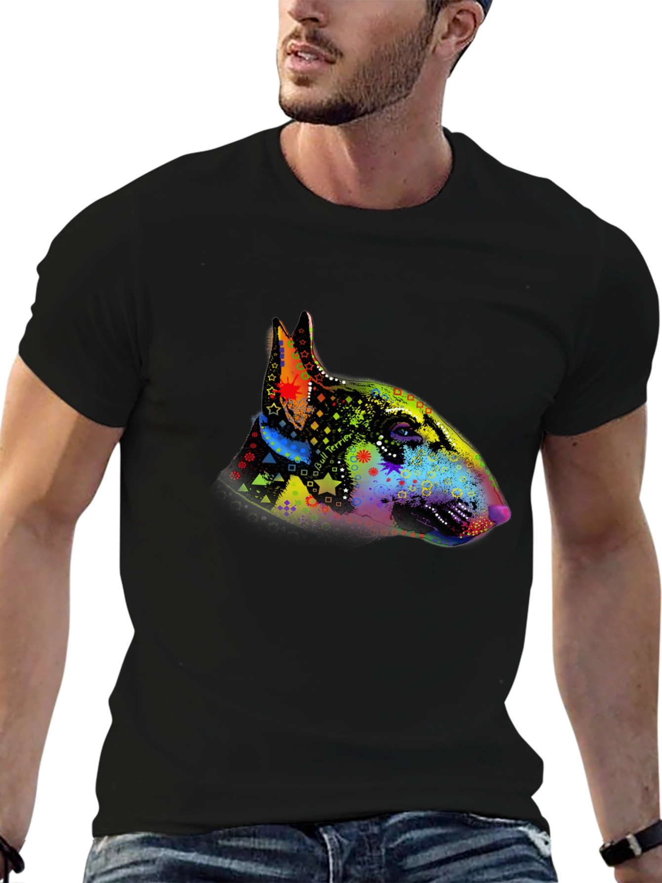 Dog Bull Terrier Colorful Head Print Mens T-Shirt
