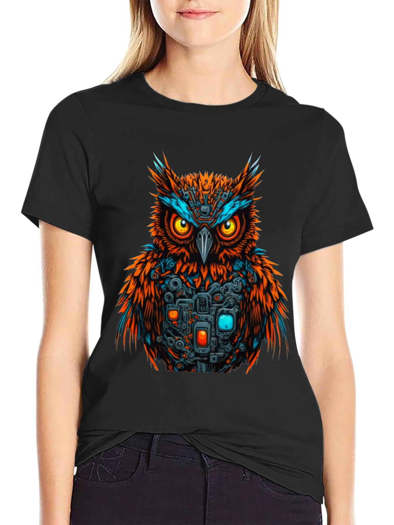 Cyber Owl Graphic T-Shirt - Black Cotton Tee